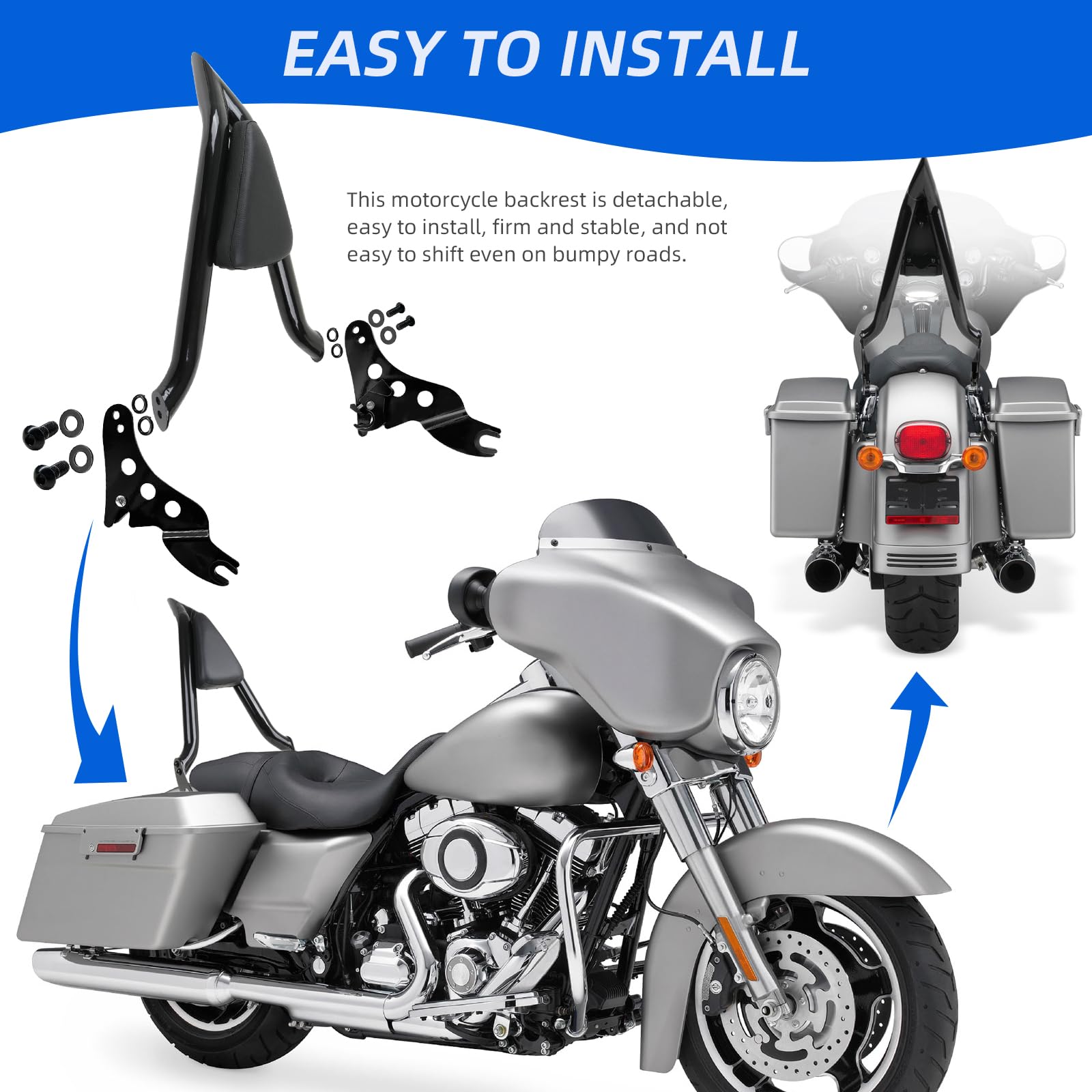 DREAMIZER Respaldo de Pasajero Trasero Desmontable para Motocicleta Compatible con Harley Touring Road King Road Glide Street Glide 2009-2024 Negro brillante