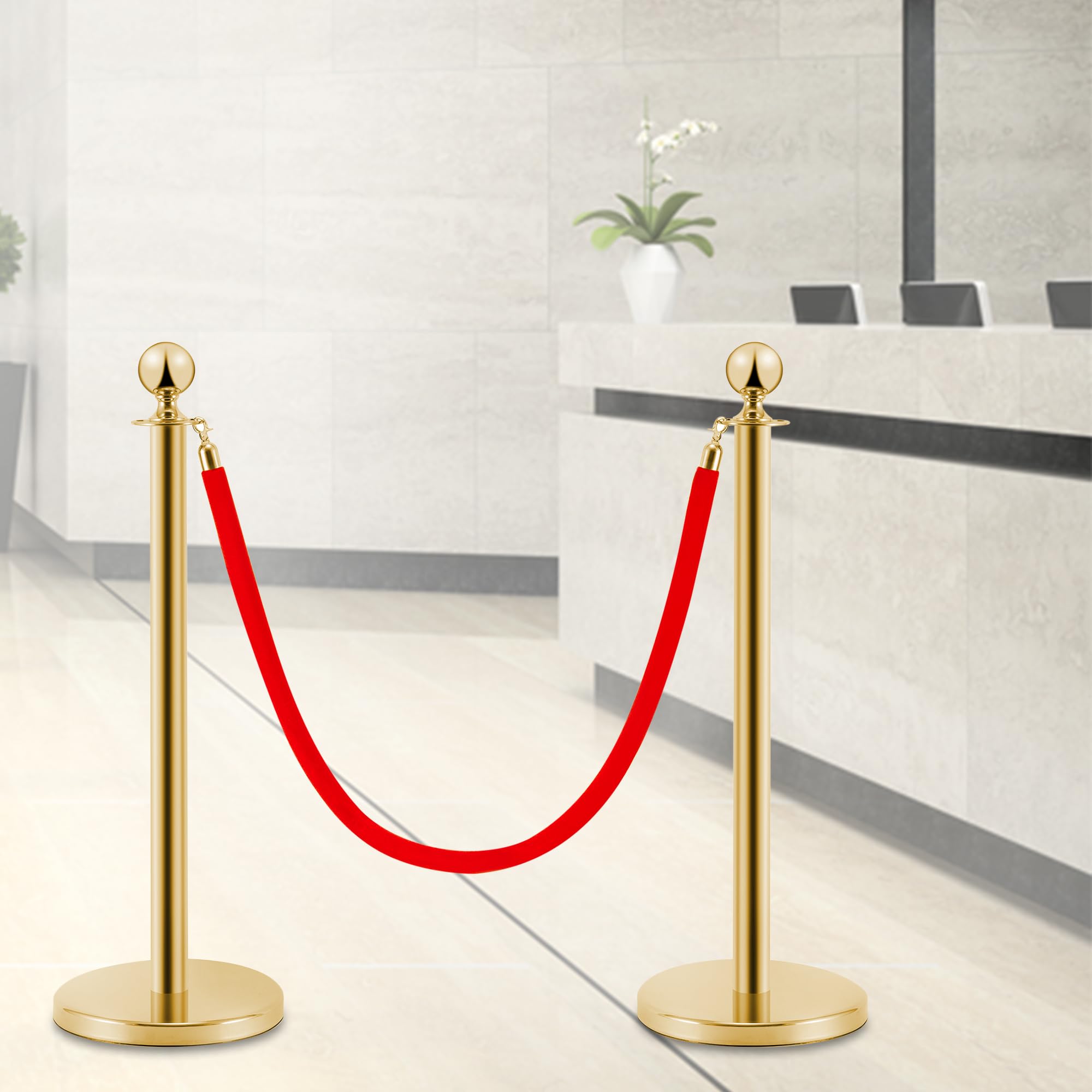 Pali distanziatori in acciaio inox dorato 2 pezzi, altezza 90 cm, argento con corda di velluto rosso da 1,5 m, collegamento a 4 vie, base di diametro 31 cm, controllo della folla