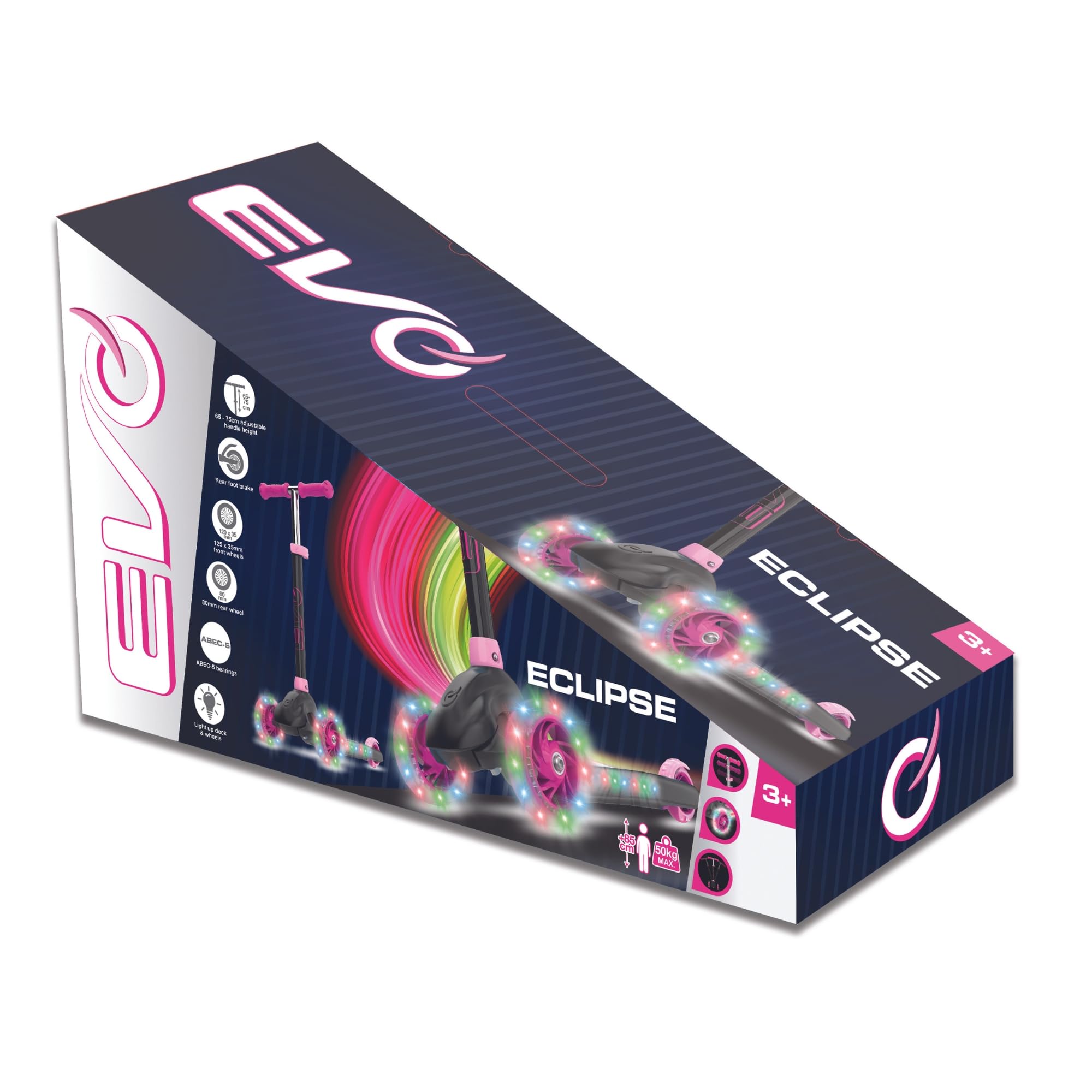 EVO Eclipse - Patinete iluminado de 3 ruedas | Patinete de empuje para niños con altura de mango ajustable | Scooter de altura de mango ajustable para niños y niñas | Patinete para niños de 3 a 12