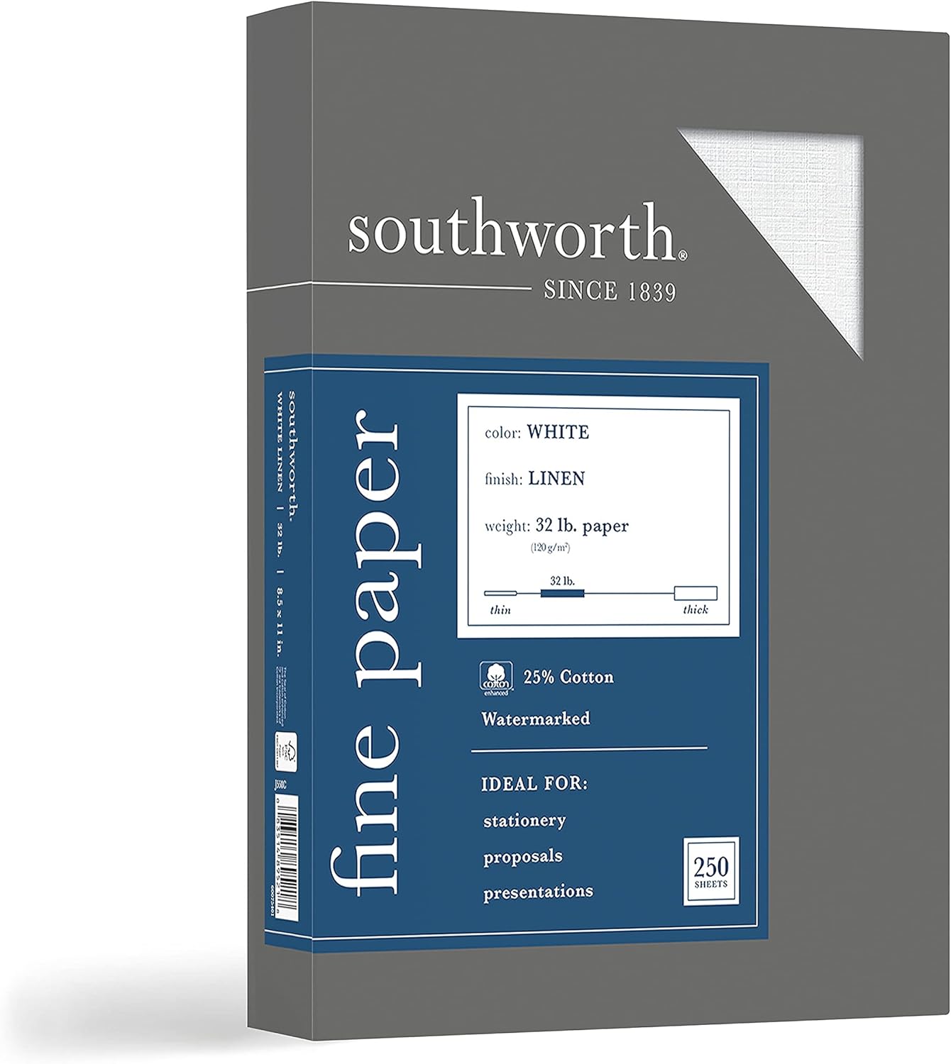 Southworth J558C 25% Cotton Linen Business Paper 32 lbs. 8-1/2 x 11 White 250/Box
