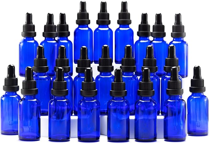 YIZHAO Azul Frasco Cuentagotas Cristal 30ml, con Goteros Cuentagotas Cristal, para Aceite Esencial, Laboratorio, Aromaterapia, Fragancia, Masaje, Cosméticos, Viajes - 24Pcs