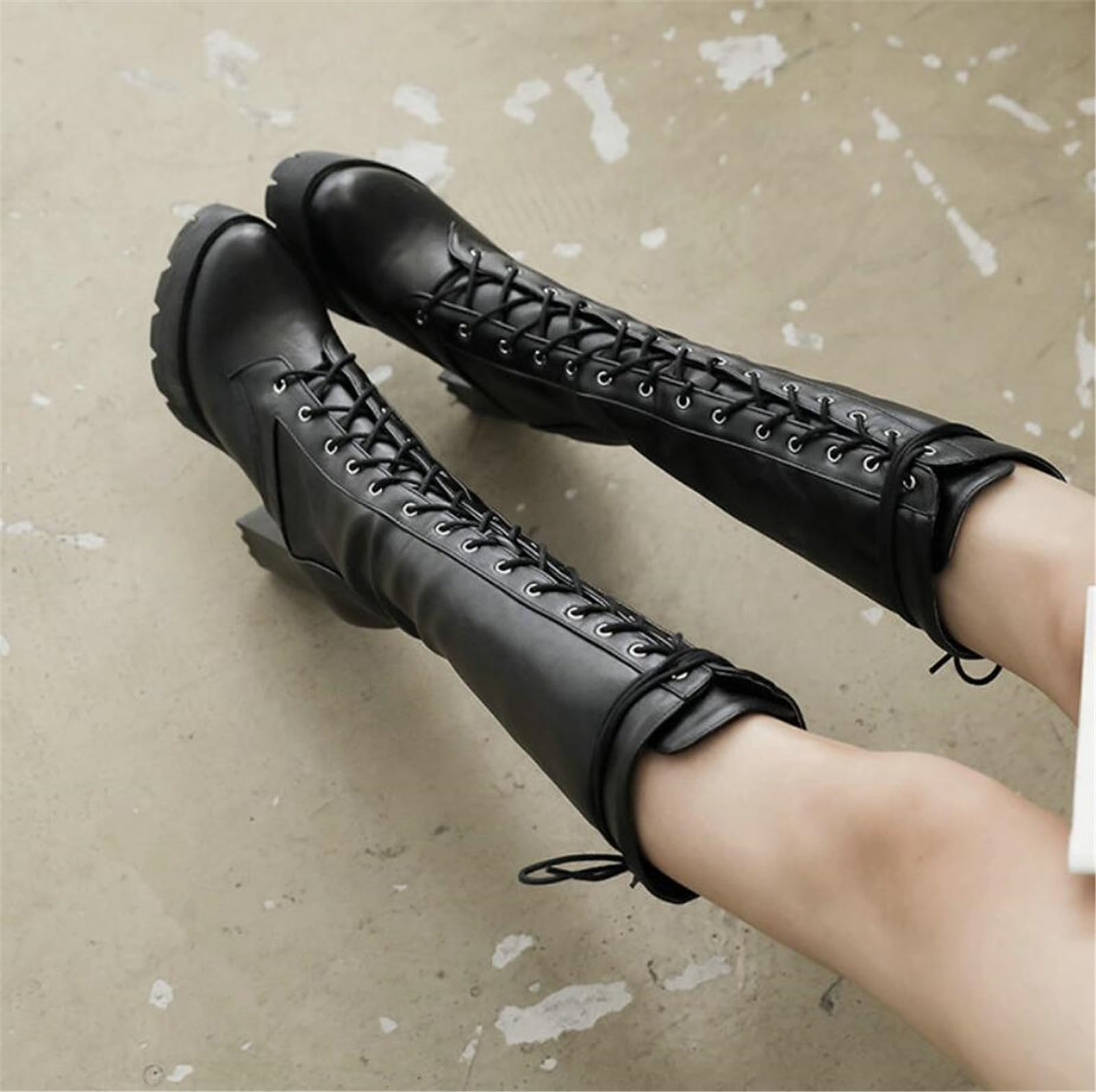 OTMYIGO Damen-Stiefel mit hohem Absatz, Schnürstiefel, Wadenhoch, kniehoch, Militär-Bikerstiefel, Dicker Absatz, Ritterstiefel, Schnürstiefel, Vintage-Stiefel, Steampunk, Gothic