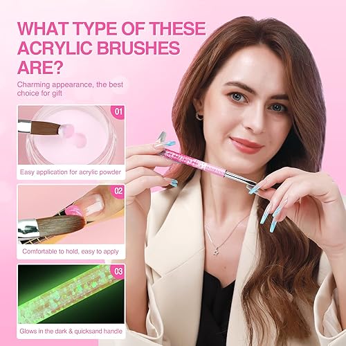 Miniatura 8 de Saviland Juego de 3 pinceles de uñas acrílicas, pinceles profesionales de uñas acrílicas para aplicación acrílica, tamaño 12, cepillo de uñas