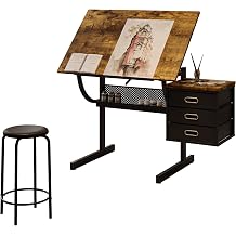 Drafting Table with Stool, 3 Storage Drawers, Rustic Brown