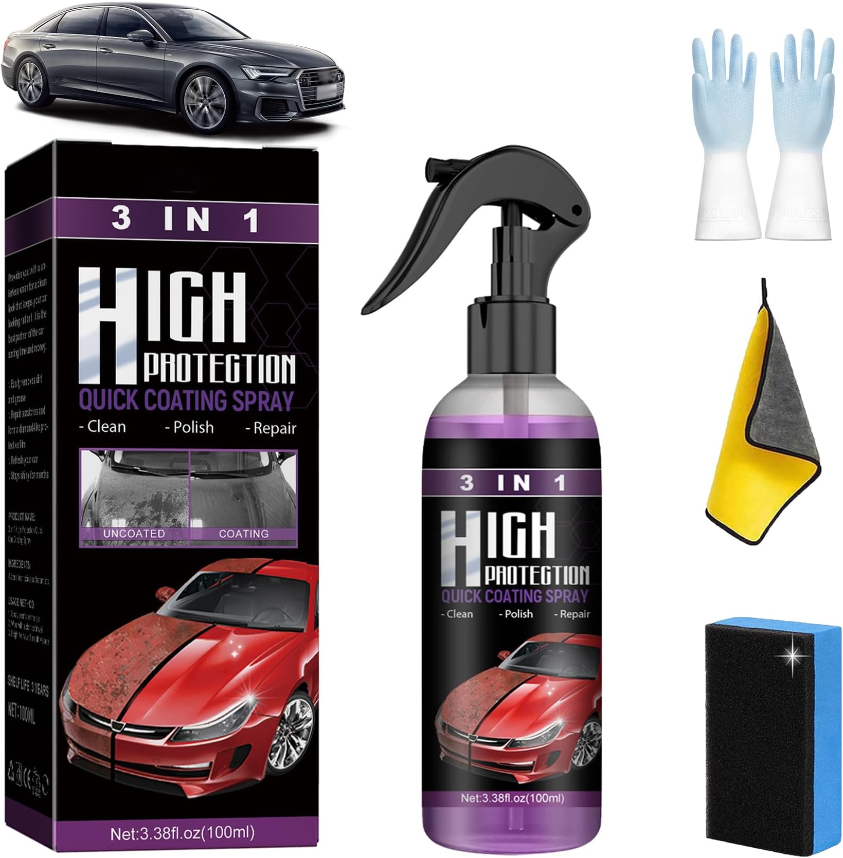 Armorgleam Ceramic Coating Spray, Armor Gleam Ceramic Coating Spray, Max Easy Coat and Rinse, 3 in 1 High Protection Quick Car Coating Spray, Car Scratch Repair Nano Spray (1PC 100ML)