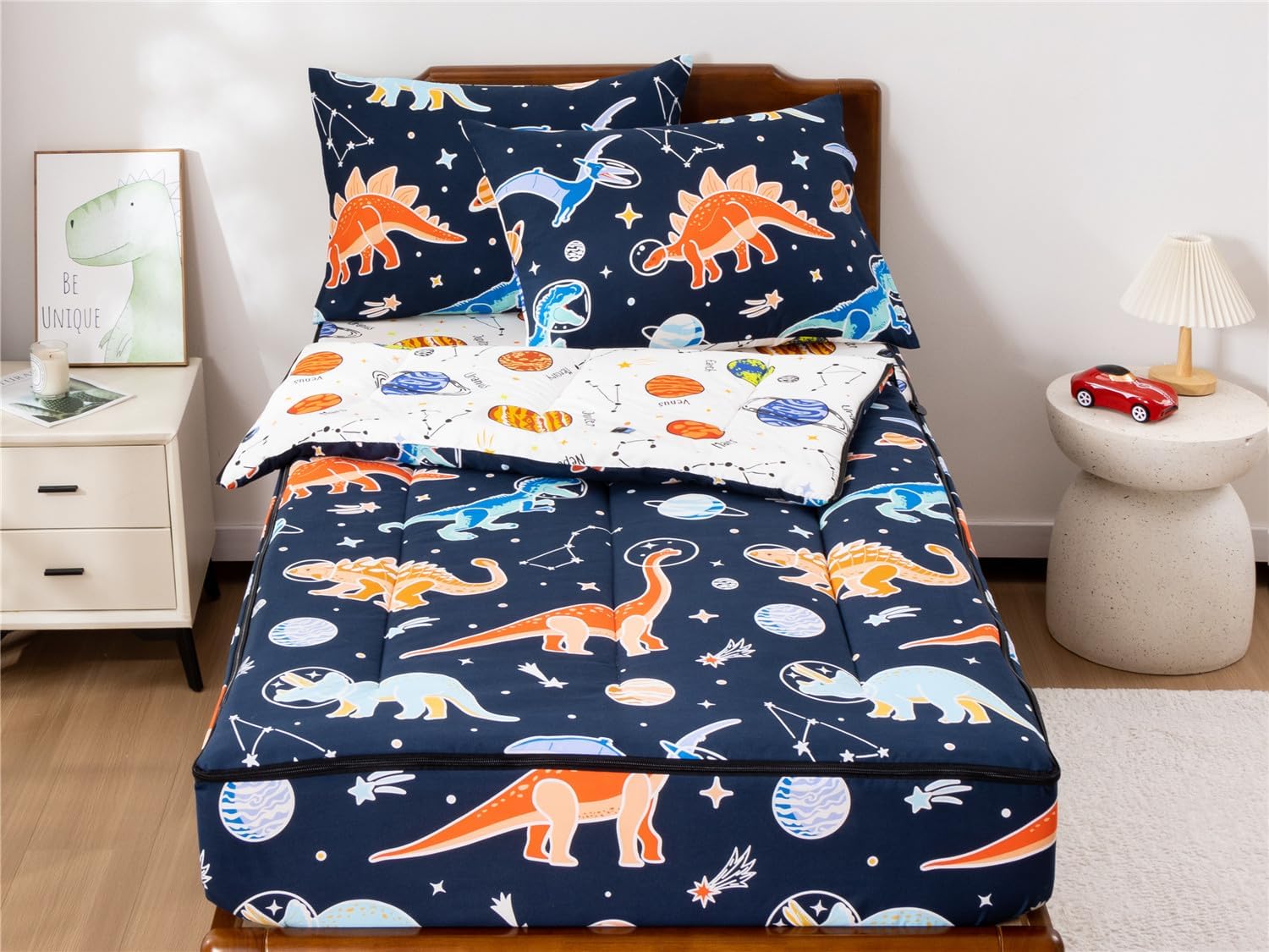 NTBED Space Dinosaur Zipper Bedding Sets Twin for Kids Boys Lightweight Glow in Dark Comforter Set with Fitted Sheet Pillow Covers,Navy - Image 8