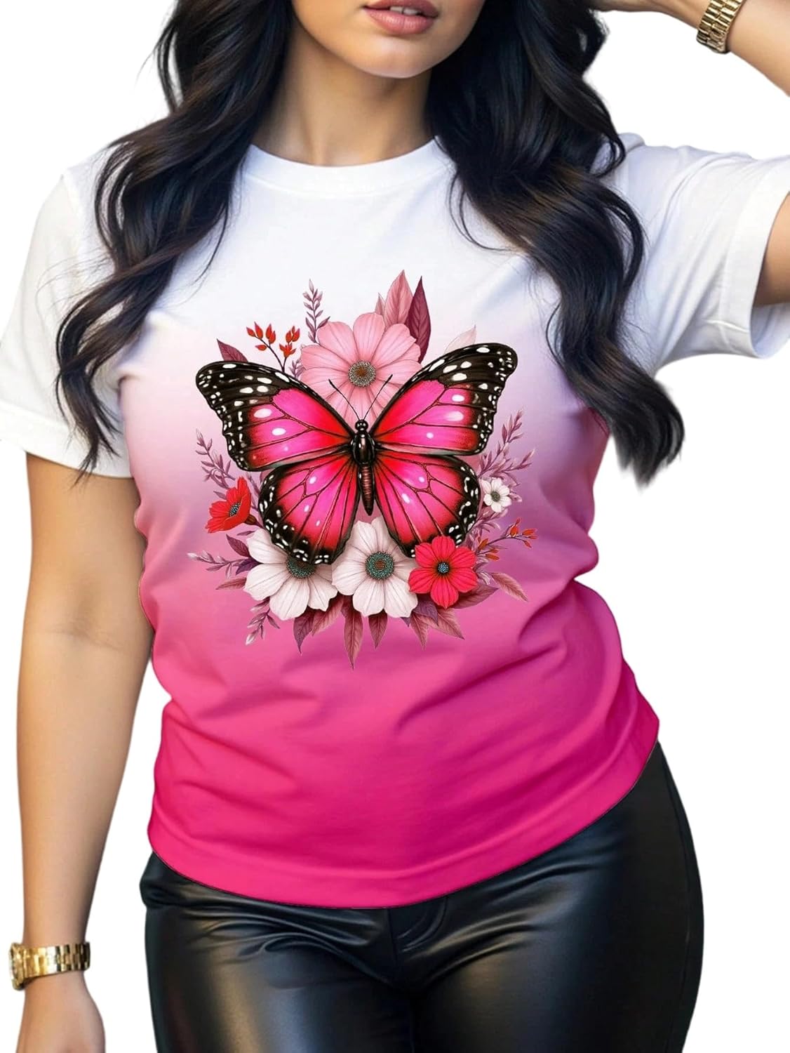 Butterfly & Floral Art Tee - Vibrant Gradient Print, Nature-Inspired Graphic for Casual Chic