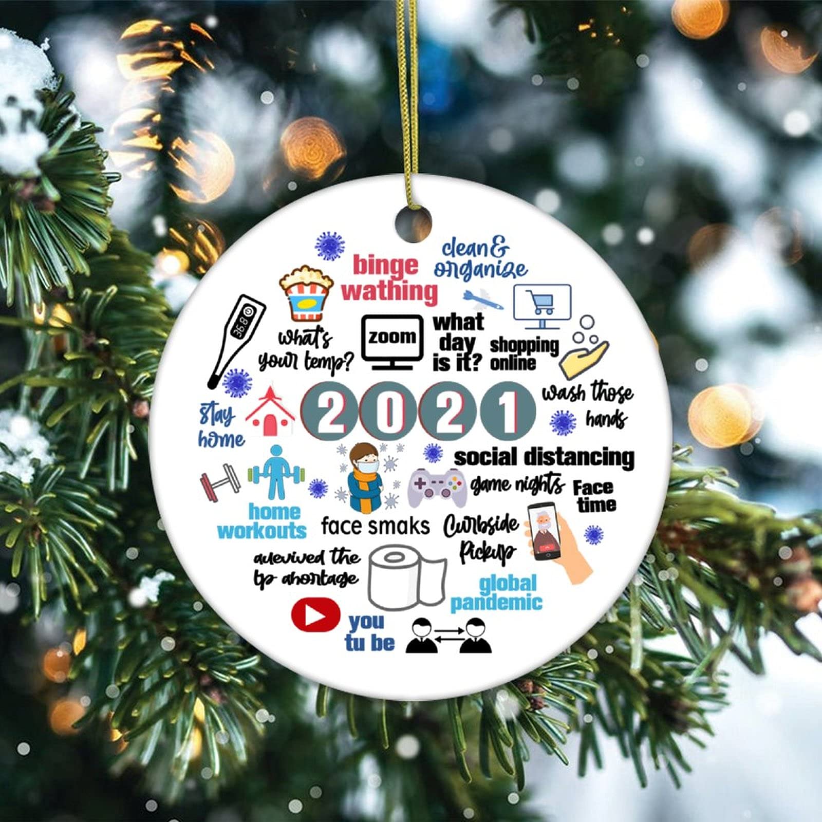 Christmas Ornament 2021 Memories Ornament Year Memory Customized Xmas Ornament Tree Decorations Funny Personalized Keepsake Gift Memento Round Ceramic Souvenir 3 inch