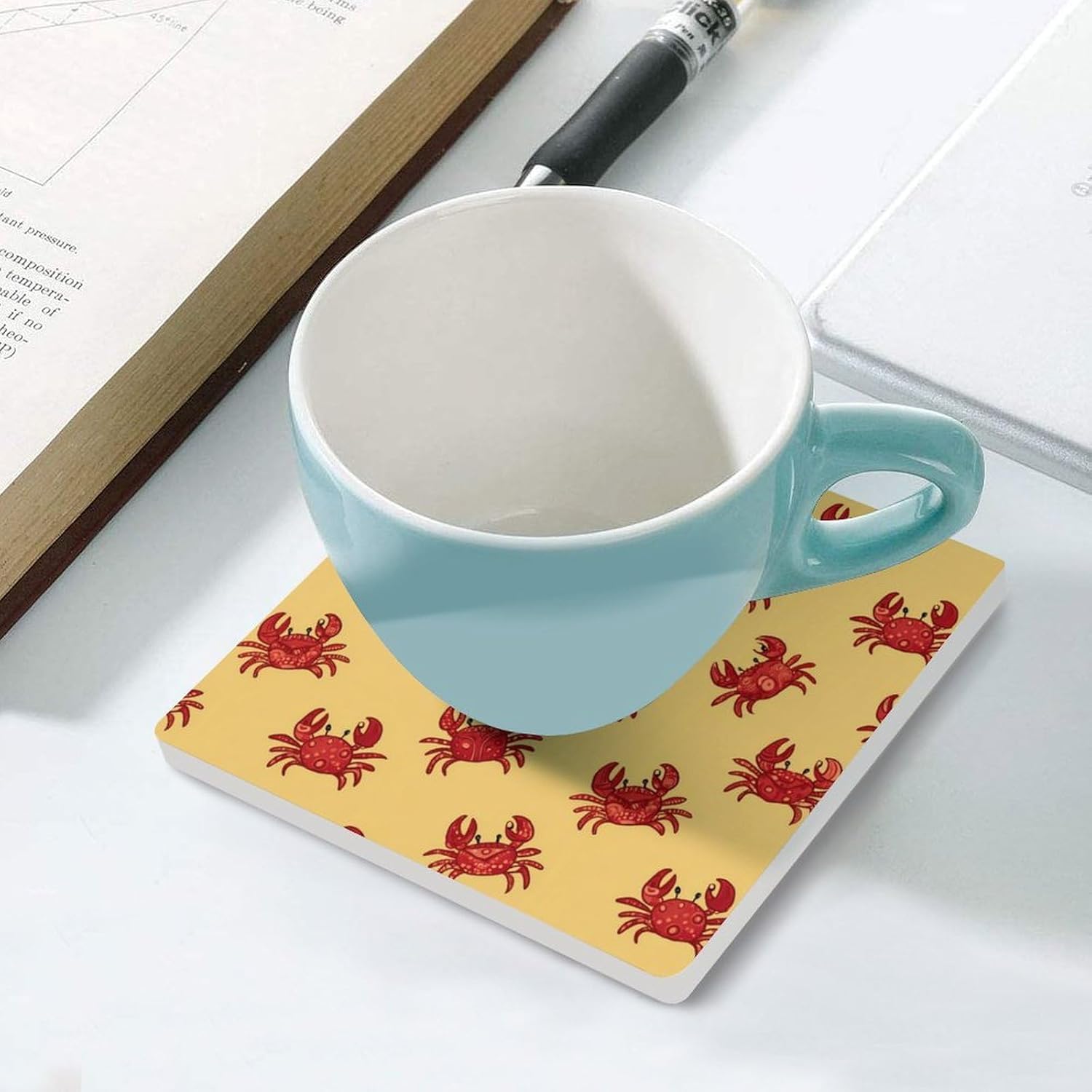 Crabs Print Coaster for Drinks Square Ceramic Table Coasters Stone Mat Crafts 6PCS Home Kitchen Decor