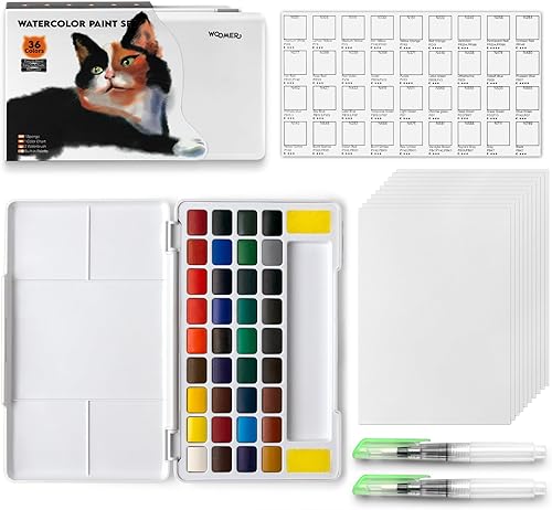 Woomer Juego de pintura de acuarela de 36 colores vivos con 2 pinceles de agua y 5 papel de acuarela de grado artista, juego de acuarela de viaje
