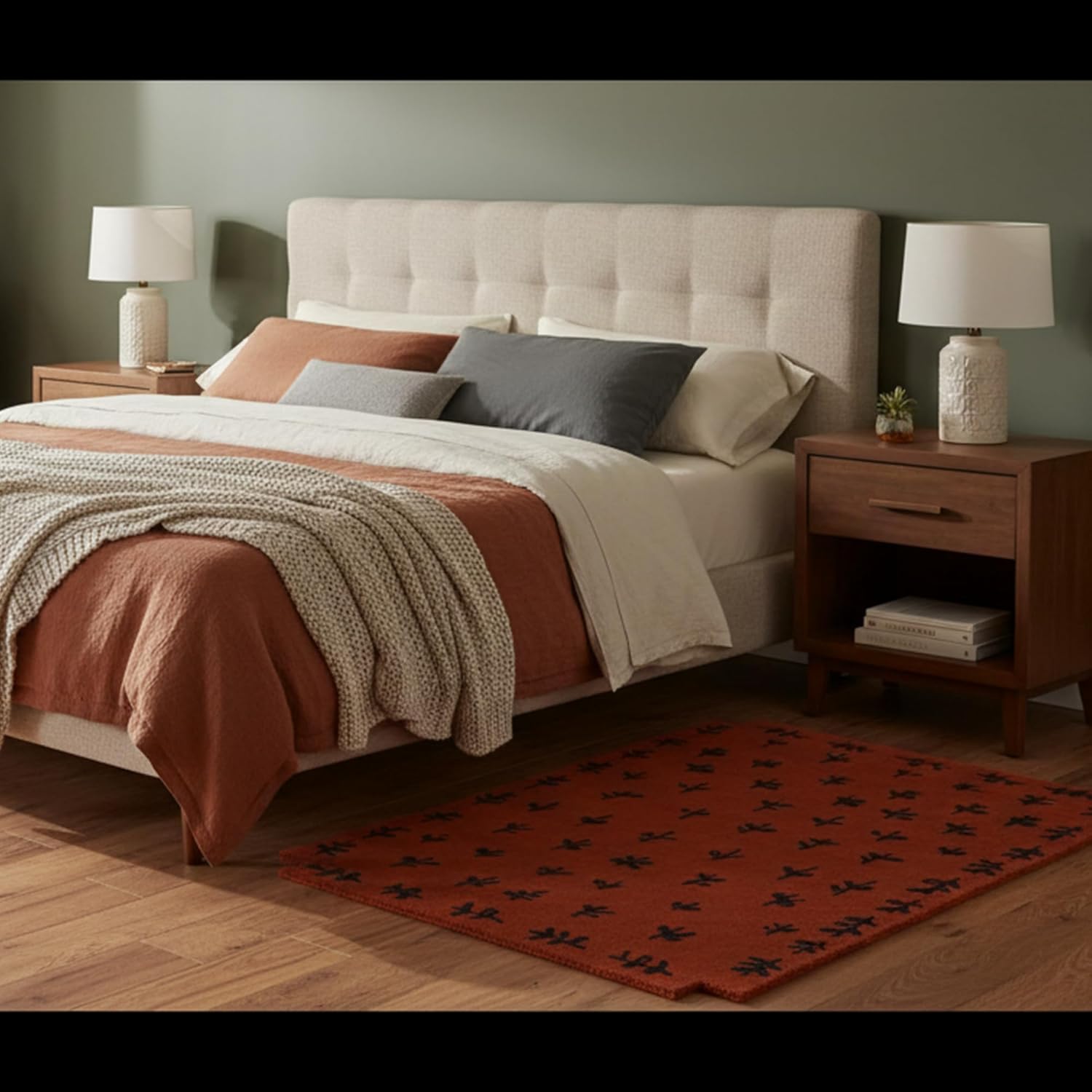 Hand-Tufted Wool Area Rug 8x10 ft | Brick Red Buds Pattern | Soft Plush Non-Slip Carpet for Living Room, Bedroom, Dining Room | Modern Boho Wool Floor Rug | Durable Cotton Backing Home Décor Carpet