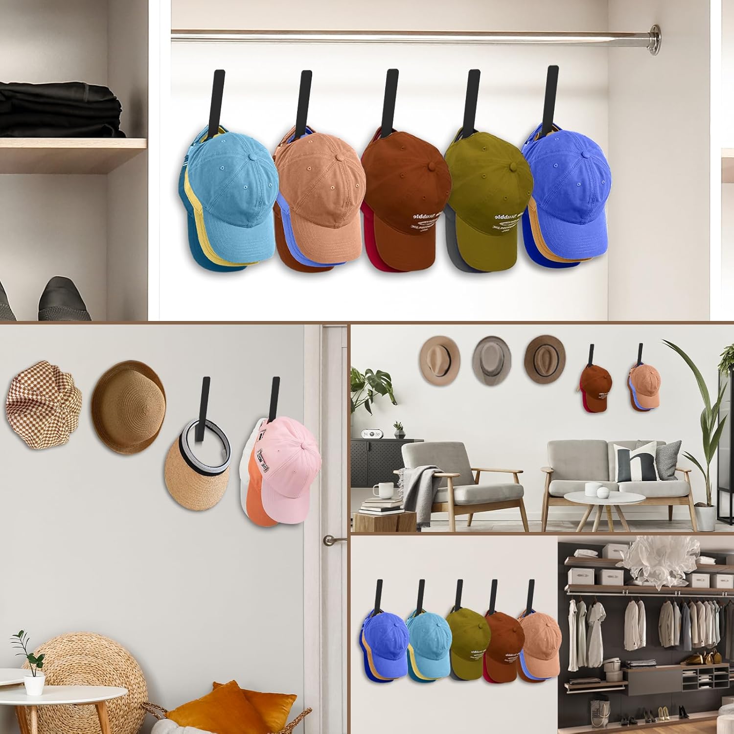 Kssvzz 5 Pack Metal Hat Racks for Baseball Caps - Wall Holder, Storage Organizer for Ball Caps, Heavy Duty Hangers With Strong Adhesive/Wall Drilled for Closet, Bedroom, Door, Home (Black)