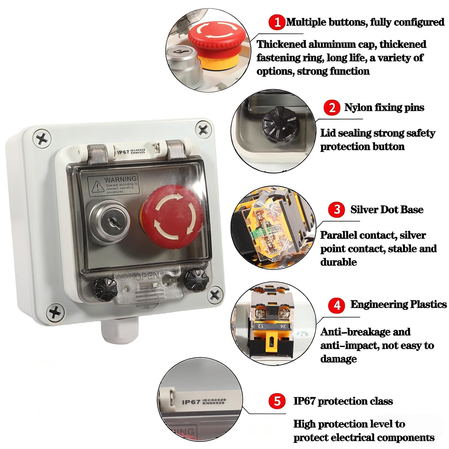IP67 Waterproof Button Box Emergency Stop Switch Outdoor Anti Misoperation Protective Cover Key Push Lock Switch Instantaneous