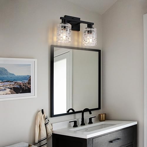 Miniatura 3 de huong son 2 luces de tocador de baño negro mate sobre espejo, iluminación moderna con pantalla de cristal de cristal, accesorios de montaje en