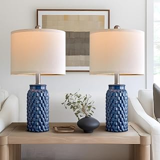 20.5 inches Modern Ceramic Dark Blue Bedside Lamp Set of 2 for Bedroom Decor Farmhouse Table Lamp for Living Room Office Dorm
