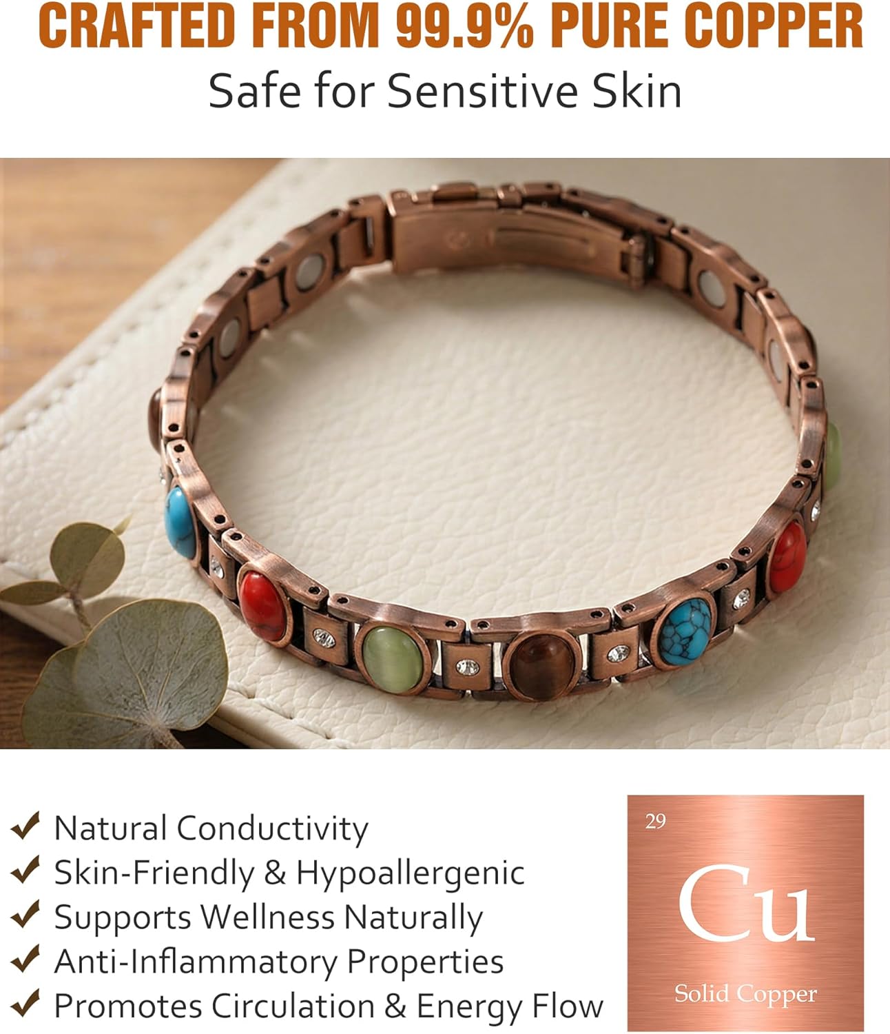 Jecanori Pure Copper Bracelets for Women, Ultra Strength Magnetic Bracelet with 3500 Gauss Magnets & Natural Turquoise Stones, Adjustable Jewelry Gift - Image 5