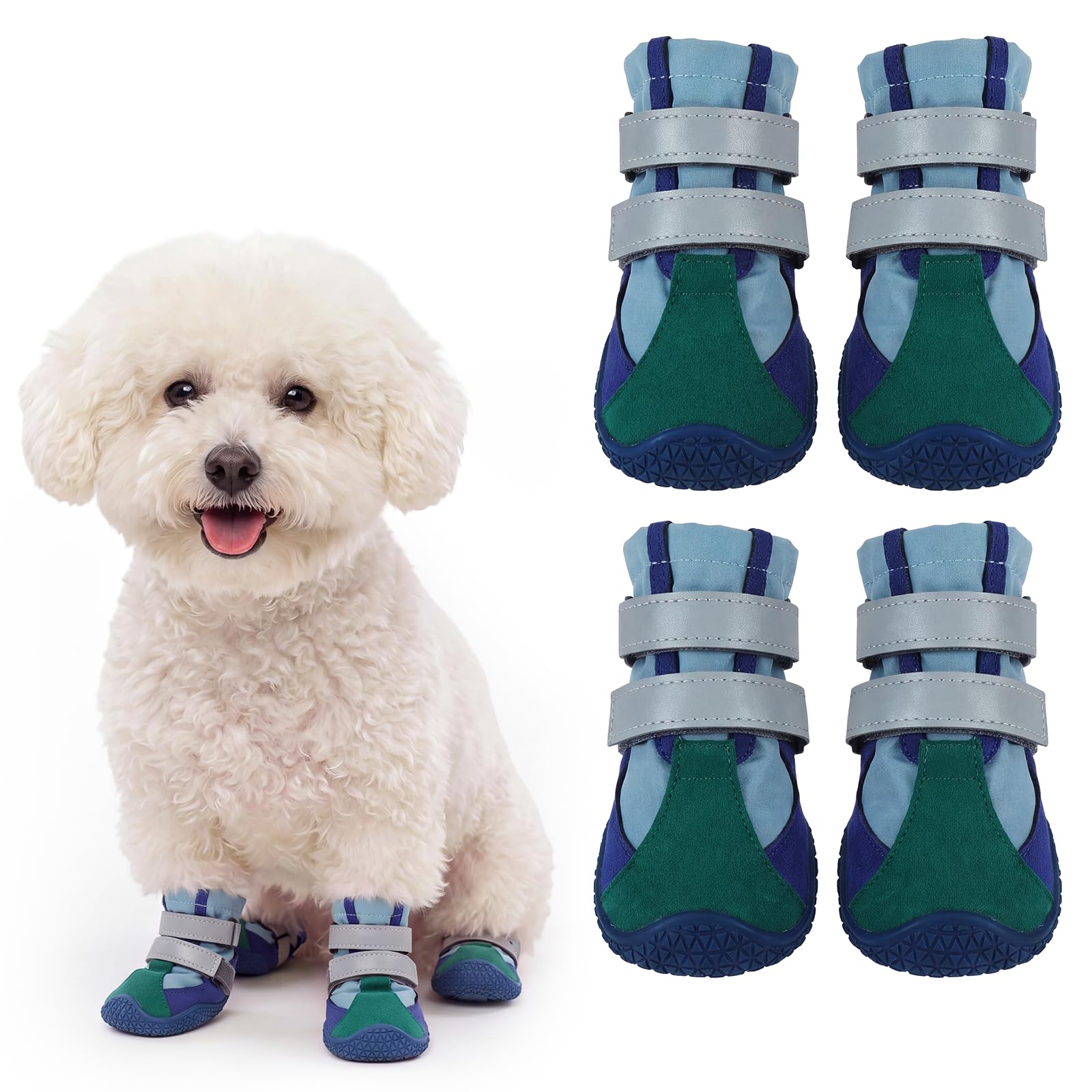 Hjyokuso Dog Boots, 4Pcs Waterproof Dog Shoes with Fleece Lining and Anti-Slip Rubber Sole, Double Adjustable Straps with Reflective Strip, Paw Protectors for Rain, Mud, Winter Walks,3# GreenBlue