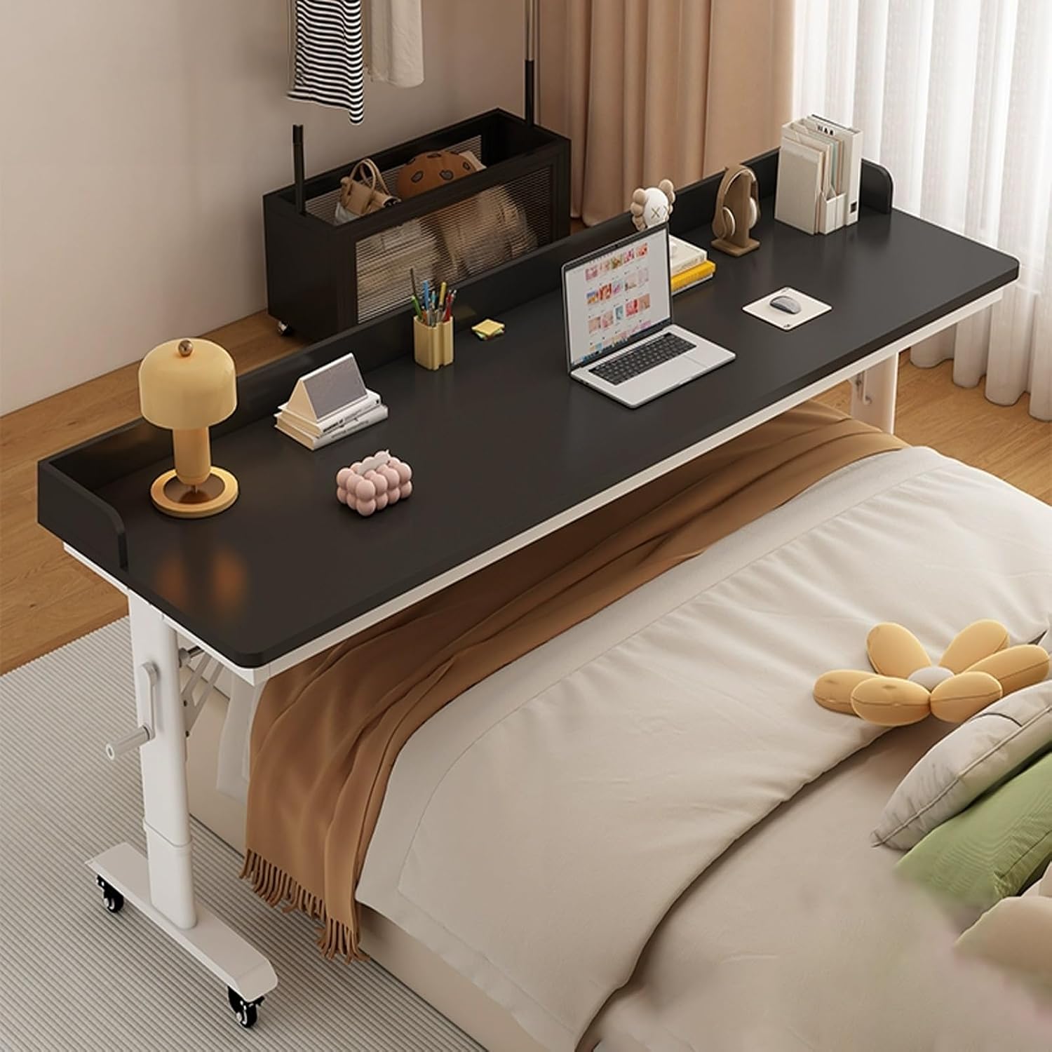 Adjustable Height Over the Bed Working Table, Mobile overbed Table with Baffles, Bedroom Bed Desk for laptope, Home overbed Table with Wheels, Hospital Rolling Table.