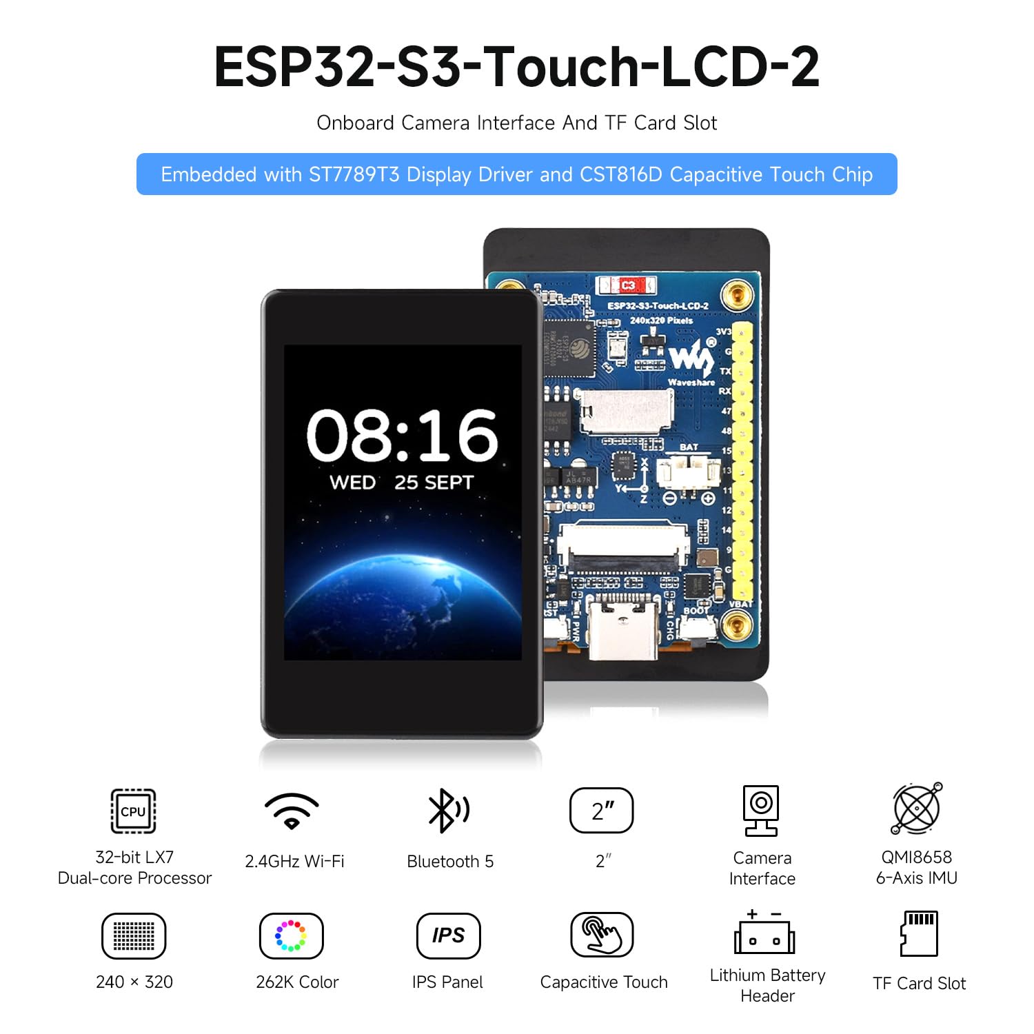 Waveshare ESP32-S3 2inch Capacitive Touch Display Development Board, 240x320, IPS, 32-Bit LX7 2-Core Processor, Up to 240MHz Frequency, Support WiFi BT, Support OV5640 5MP Camera Module(Not Included)