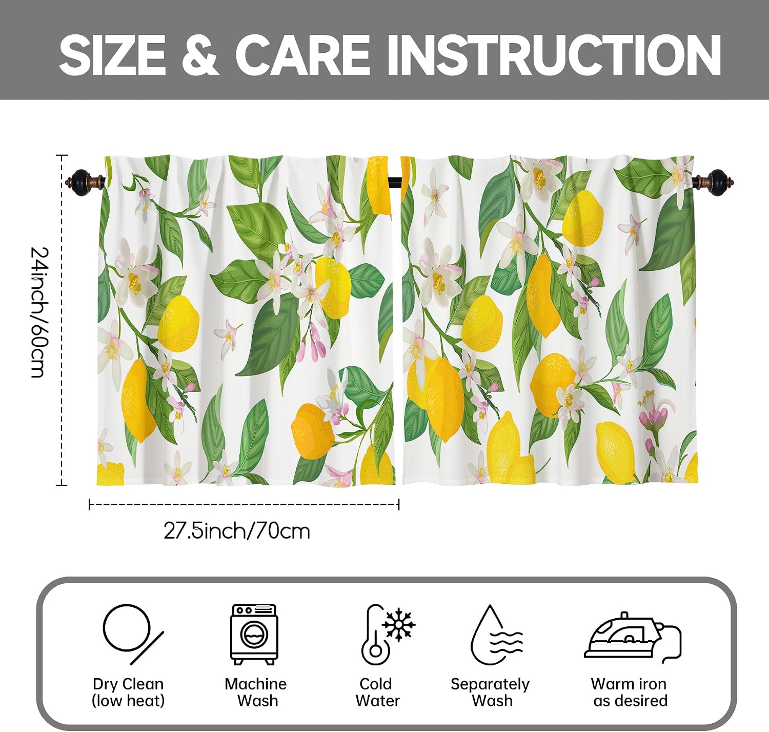 Kitchen Curtains 24 Inch Tier Yellow Lemon Light Filtering