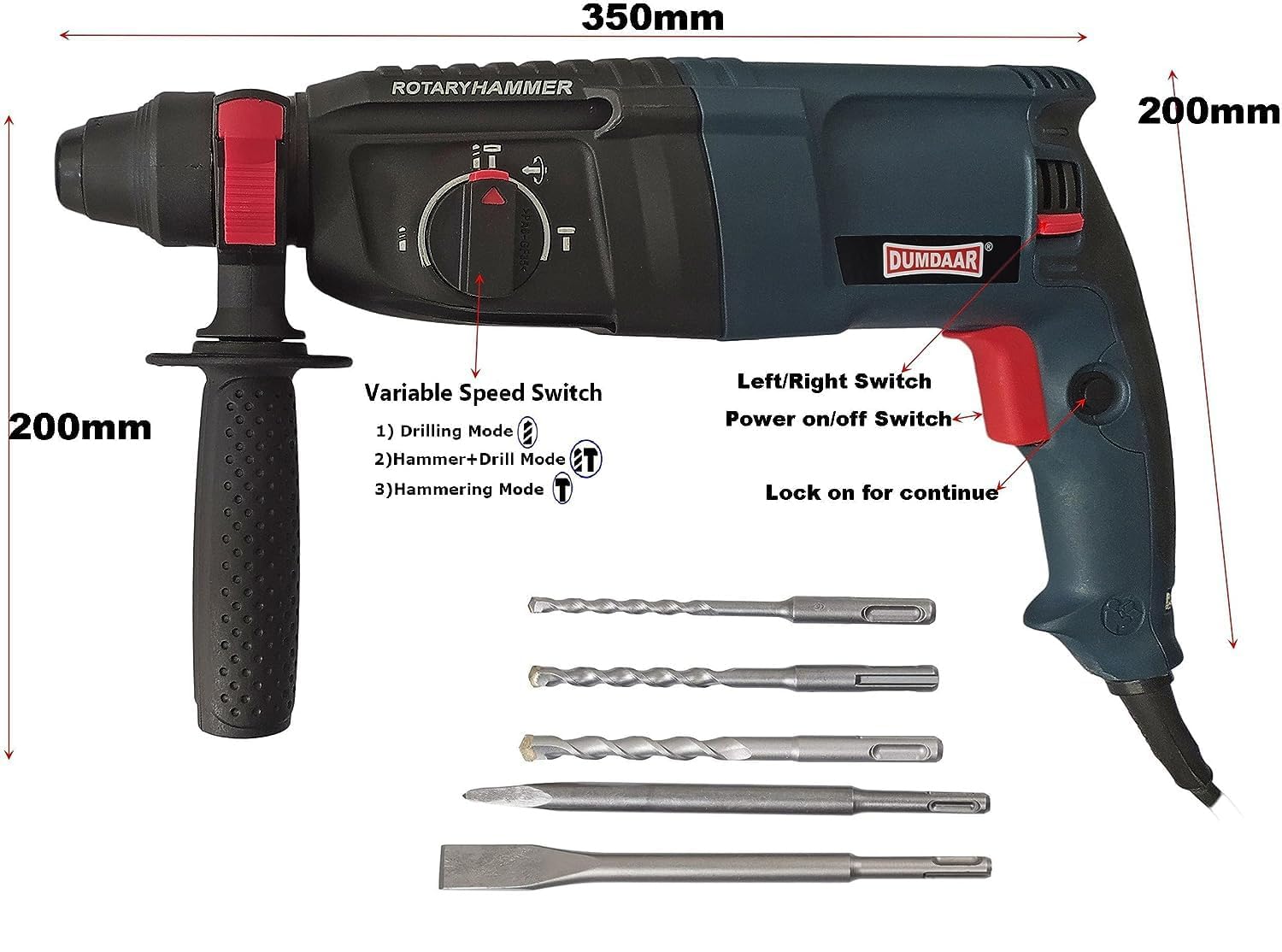 INDITRUST DUMDAAR DM26 1250W 26mm Hammer Machine with 5pc Hammer bit 13mm drill chuck & Adaptor and 13pc HSS drill set Rotary hammer (BLUE) 100% Copper Winding - Image 2 thumbnail