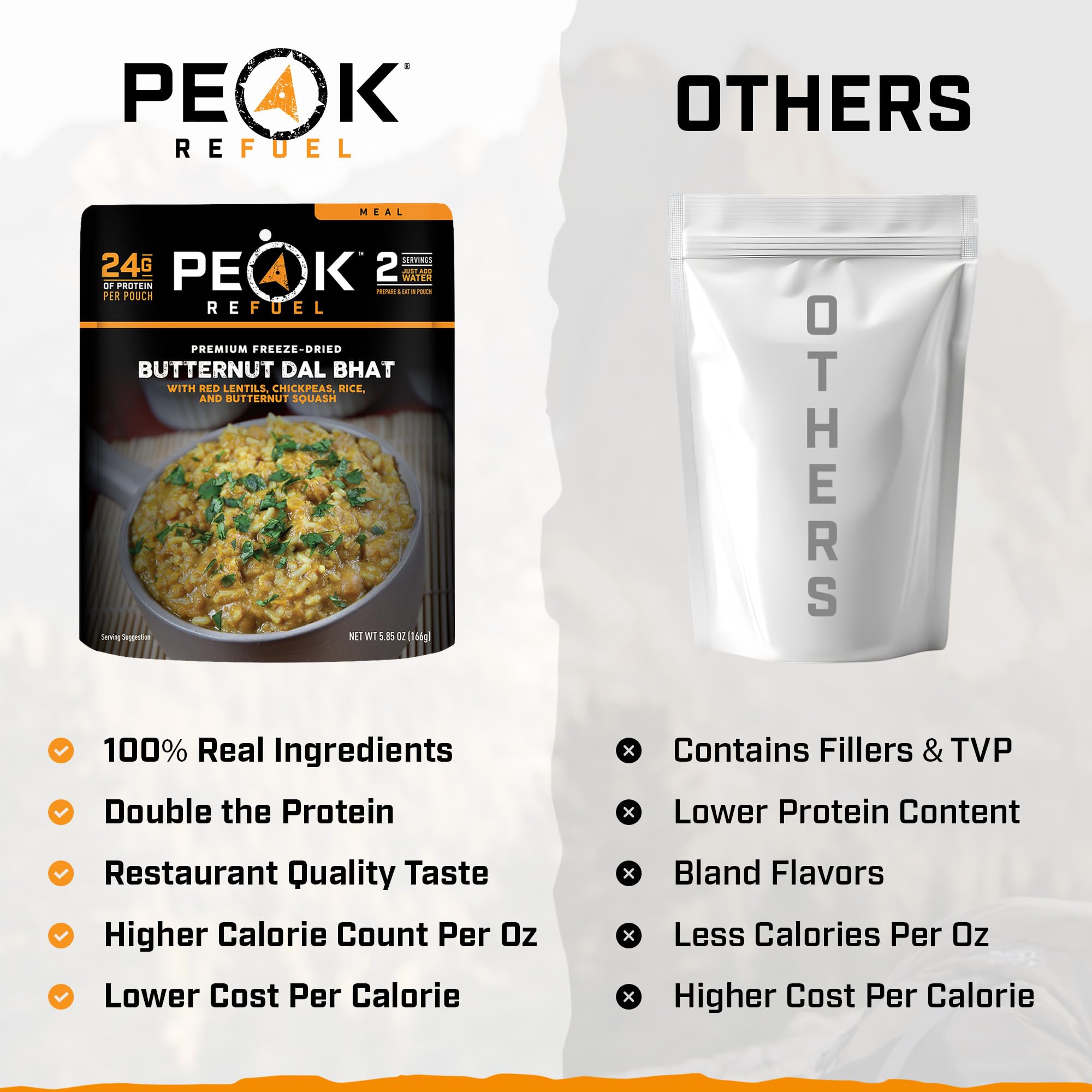 Peak Refuel Butternut Dal Bhat | Alimenti da campeggio liofilizzati | Gusto e qualità incredibili | Alto contenuto proteico | Carne vera | Preparazione rapida (2 sacchetti da portata)
