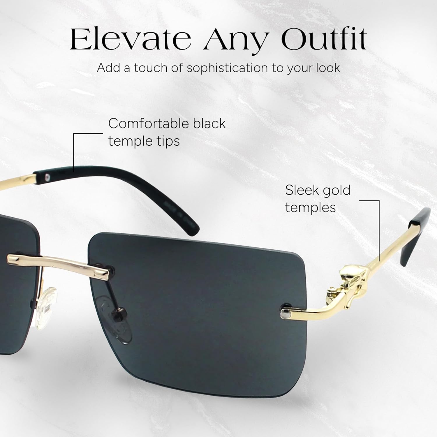 Navigator Style Black Modern Rectangle Sunglasses - Polarized, No Frame Fashion Sunglasses for Women - Adjustable Nose Pads, Gold Bridge, and Gold Temples with Comfortable Black Tips