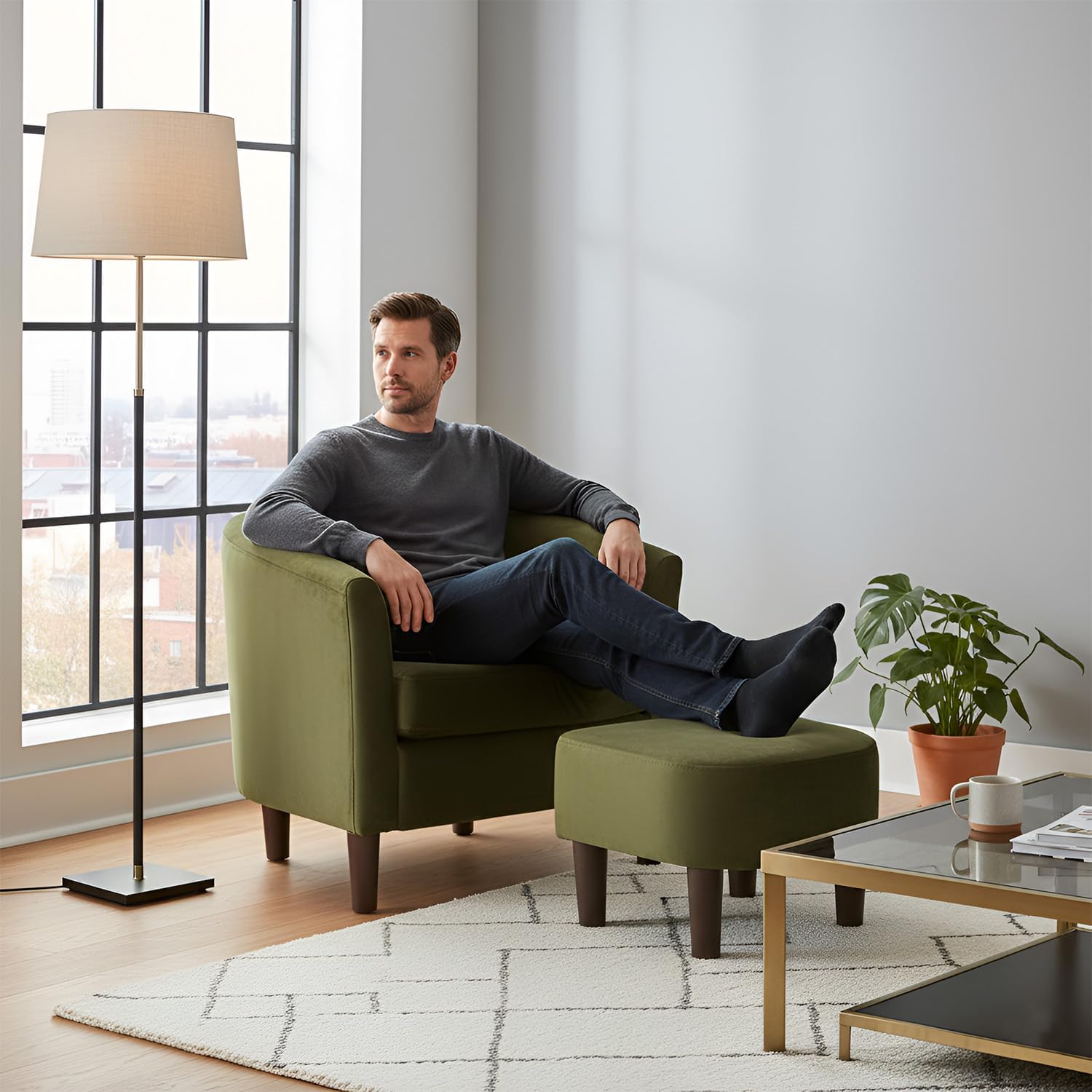 FDW Velvet Barrel Accent Chair with Ottoman, Modern Armchair with Ottoman Set, Comfortable Reading Chair for Living Room, Bedroom & Apartment Lounge, Green