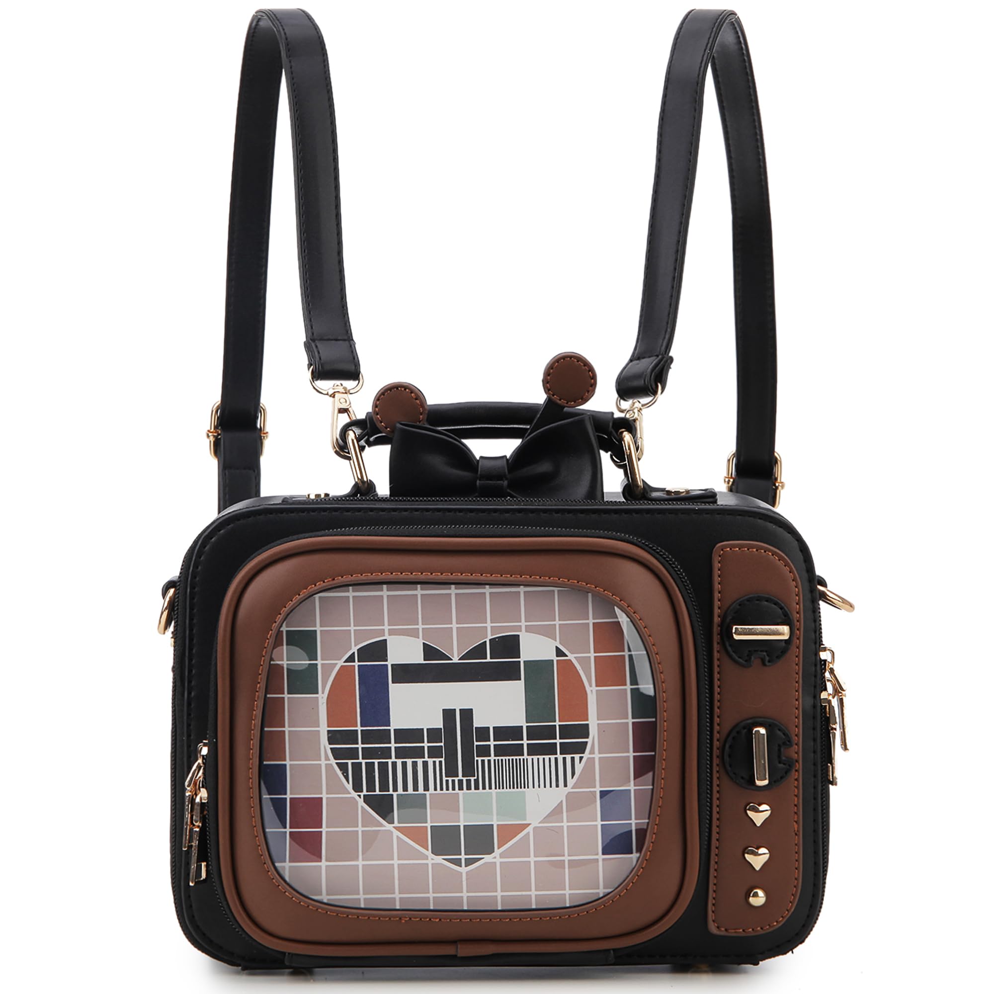 ENJOININ Retro TV Shaped Ita Bag Backpack Small Pin Display Purse with Inserts Cute Ita Crossbody Handbag for Enamel Pins Display