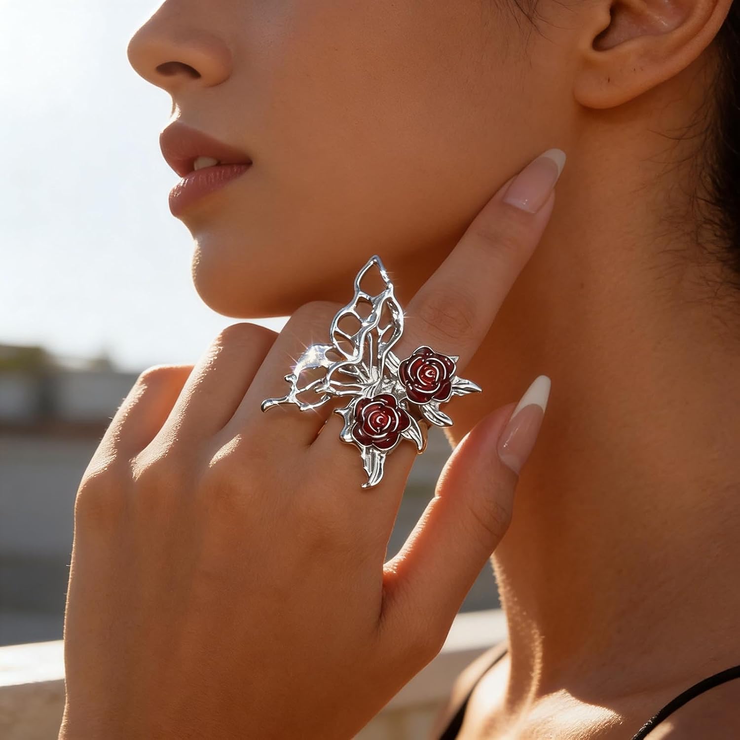 Andelaisi Boho Exaggerate Butterfly Finger Ring Vintage Hollow Butterfly Wrap Open Ring Black Rose Open Knuckle Ring Punk Butterfly Adjustable Stacking Ring Jewelry for Women - Image 4