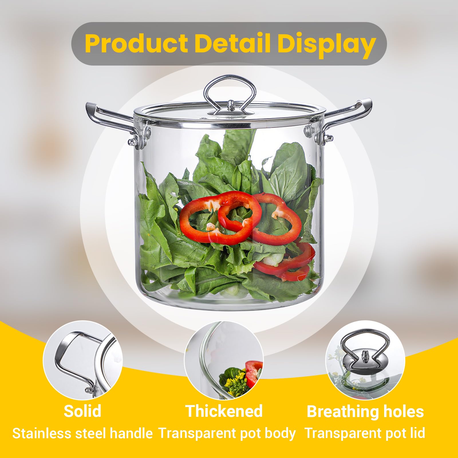 5.5L Olla de Cristal para Cocinar - Ollas de Vidrio Transparente con Tapa Resistente al Calor Utensilios de Cocina para a Fuego Lento con Asas de Acero Inoxidable para Pasta Fideos, Sopa, Leche