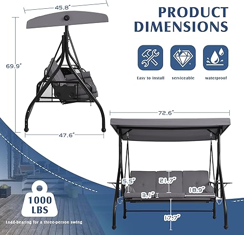 Miniatura 7 de Grepatio Columpio de porche al aire libre con toldo y soporte, columpio de patio para 3 personas para adultos, columpio convertible 2 en 1 con