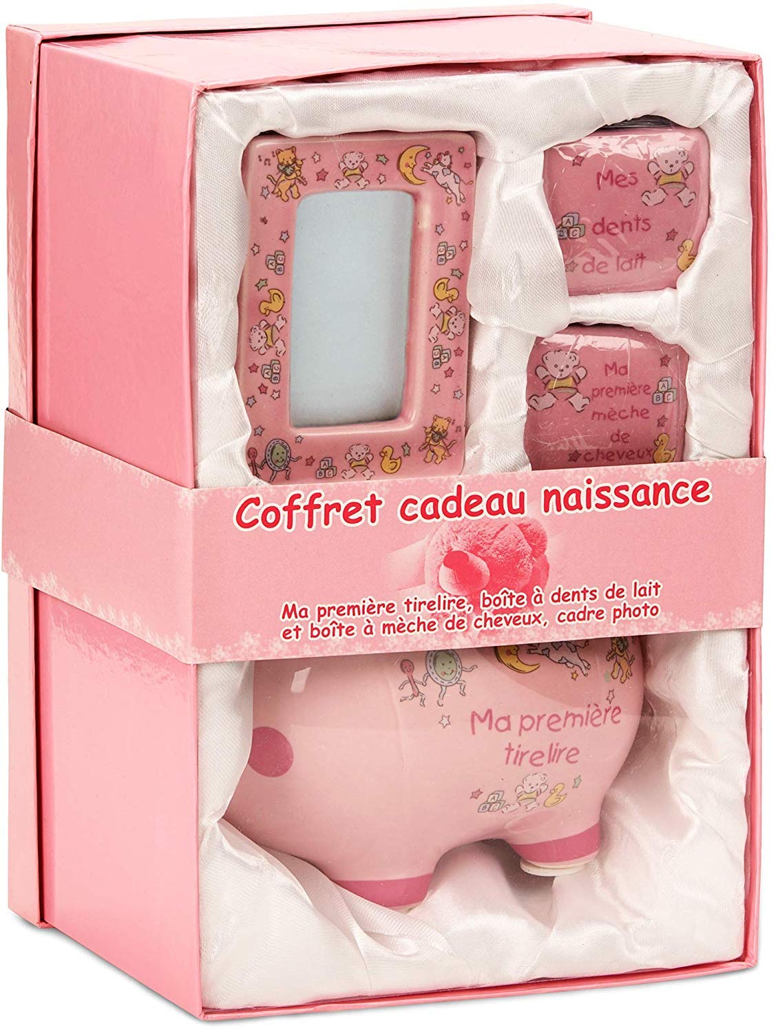 BRUBAKER Mein erstes Sparschwein - Geschenkset für erstes Spargeld, Milchzähne, Haare inkl. Bilderrahmen - Baby Geschenk für Taufe und Geburt - Rosa - Französisch