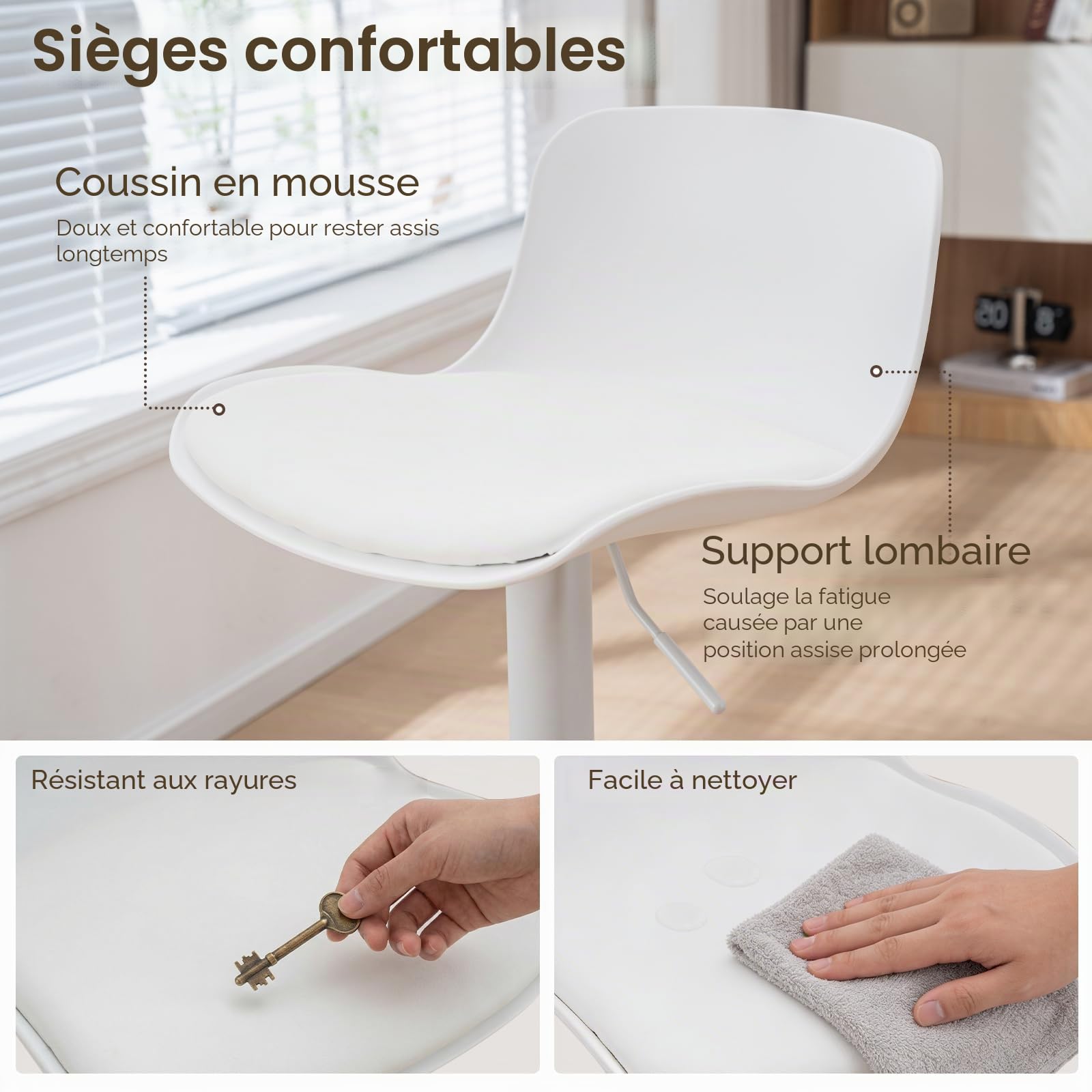 Kidol & Shellder Lot de 2 tabourets de Bar réglables en Hauteur et pivotants avec Dossier et Repose-Pieds – Chaises de Bar en PU Cuir rembourré, Style Moderne Industriel, Blanc, pour Cuisine