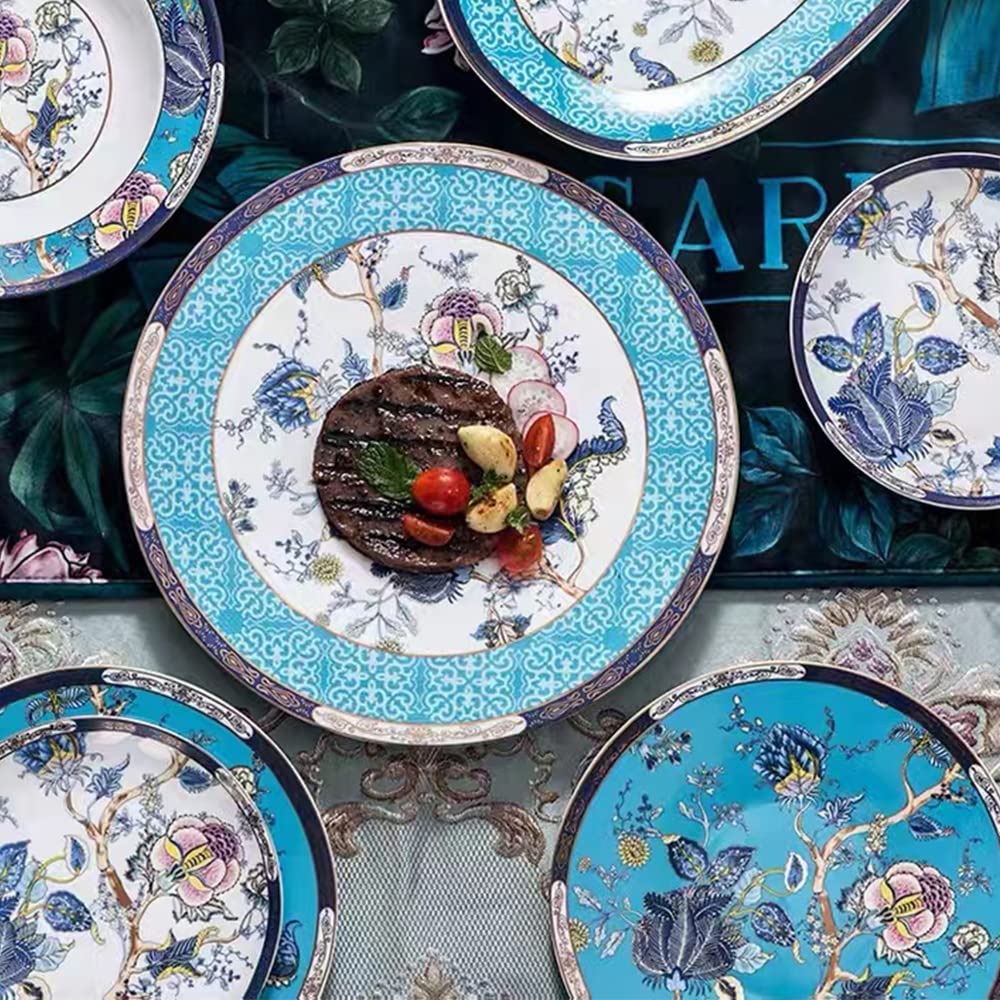 Bone China 12-częściowy delikatny okrągły zestaw naczyń kuchennych, talerze, naczynia, miski, serwis filiżanki do kawy dla 2 osób, styl niebieski