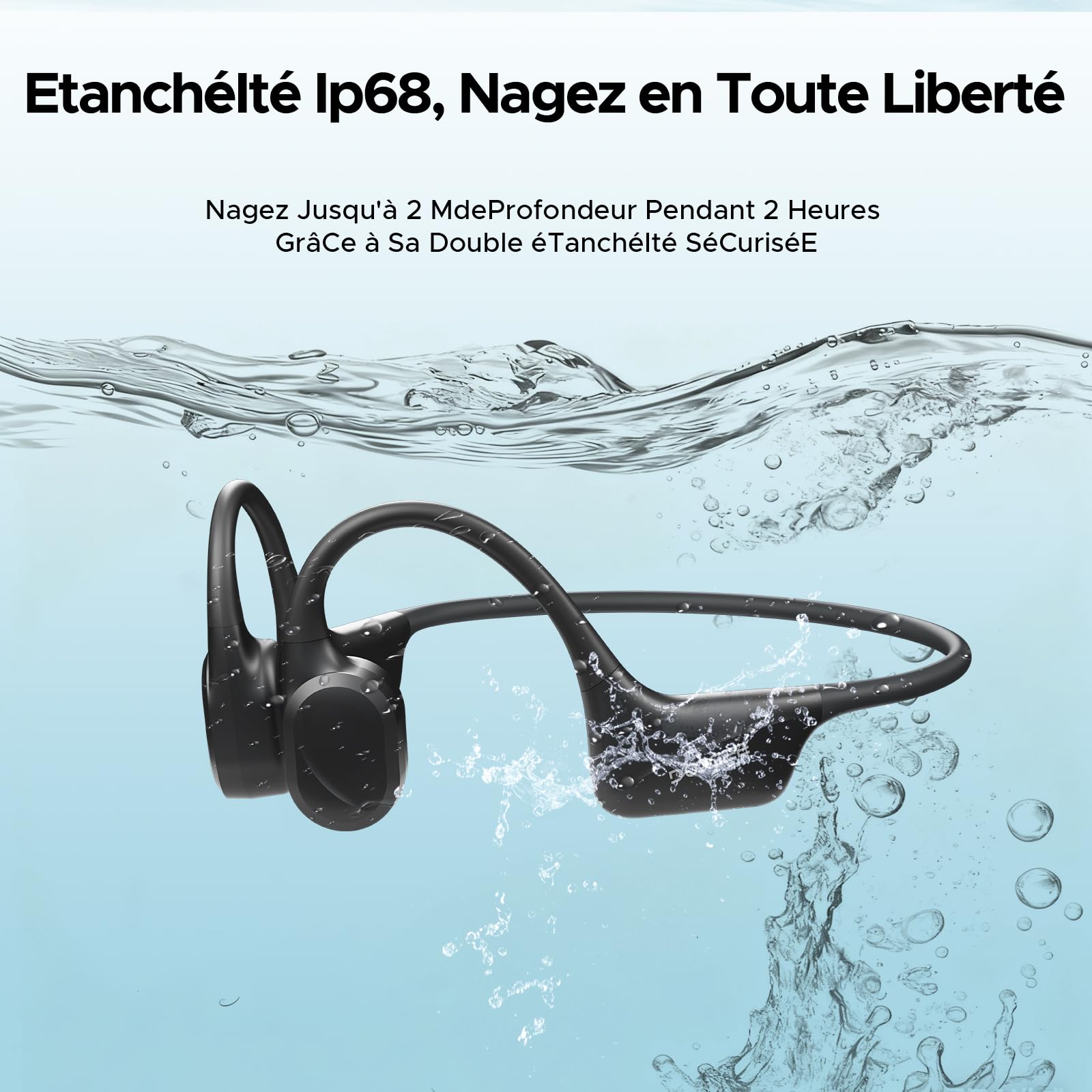 Casque à Conduction Osseuse,Étanche IP68 Écouteurs pour la Natation,10 Heures,Bluetooth 5.4 sans Fil 32 Go de Stockage,Mode MP3 Convient pour Le Cyclisme,La Natation et Le Fitness(Black)