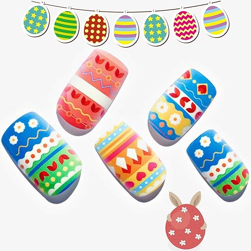 GLAMERMAID - Uñas postizas a presión cuadradas cortas, coloridas uñas adhesivas para regalo de Pascua  Kits de uñas postizas con diseño de huevo de