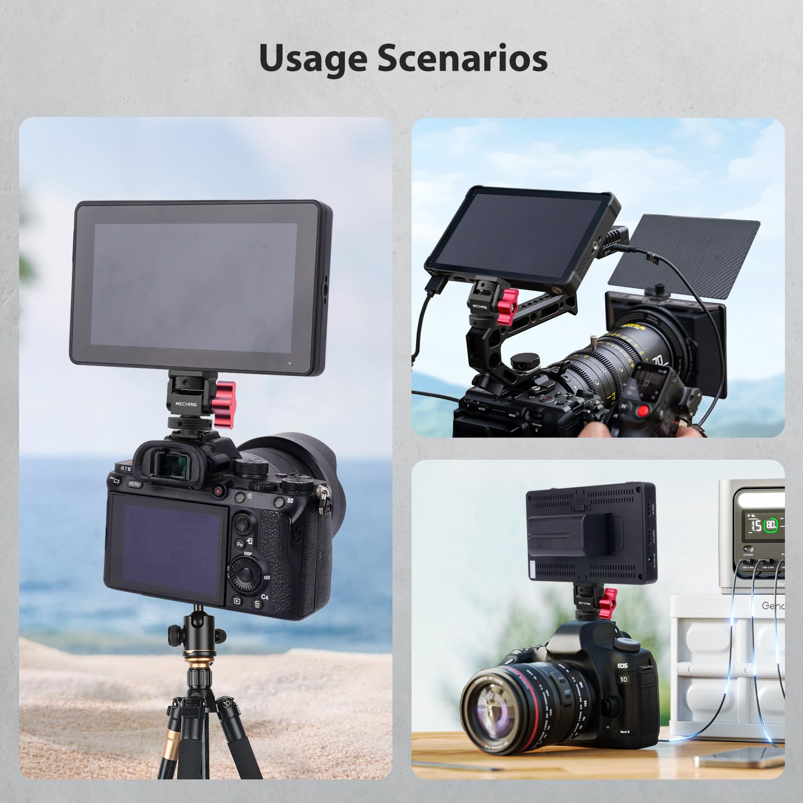 Support de moniteur pour mini caméra avec griffe, support de moniteur en aluminium avec vis 6,35 mm pour cage de micro à lumière LED, adaptateur de griffe pivotant à 360° et amortissement