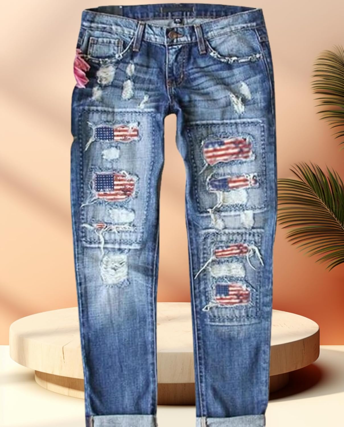 Women's Skinny Ripped Jeans - Mid-Rise Stretch Denim with Destroyed Holes & Retro Plaid Patch Design​