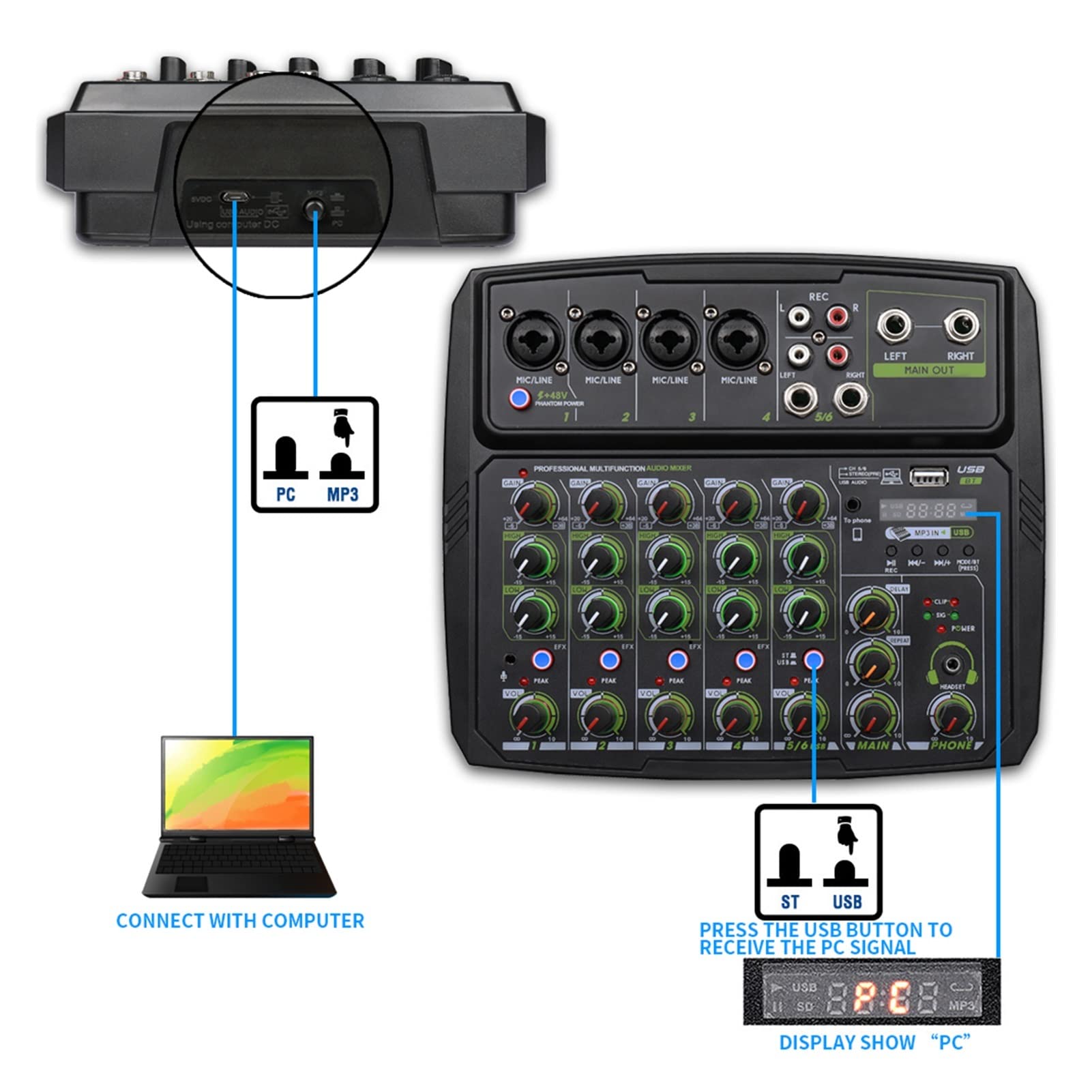 Attrezzatura per DJ per Feste 4/6-channel Sound Mixer Outdoor Conference Audio USB Bluetooth Reverb Audio Processor K Song Mobile Phone Live Broadcast with(B4L)