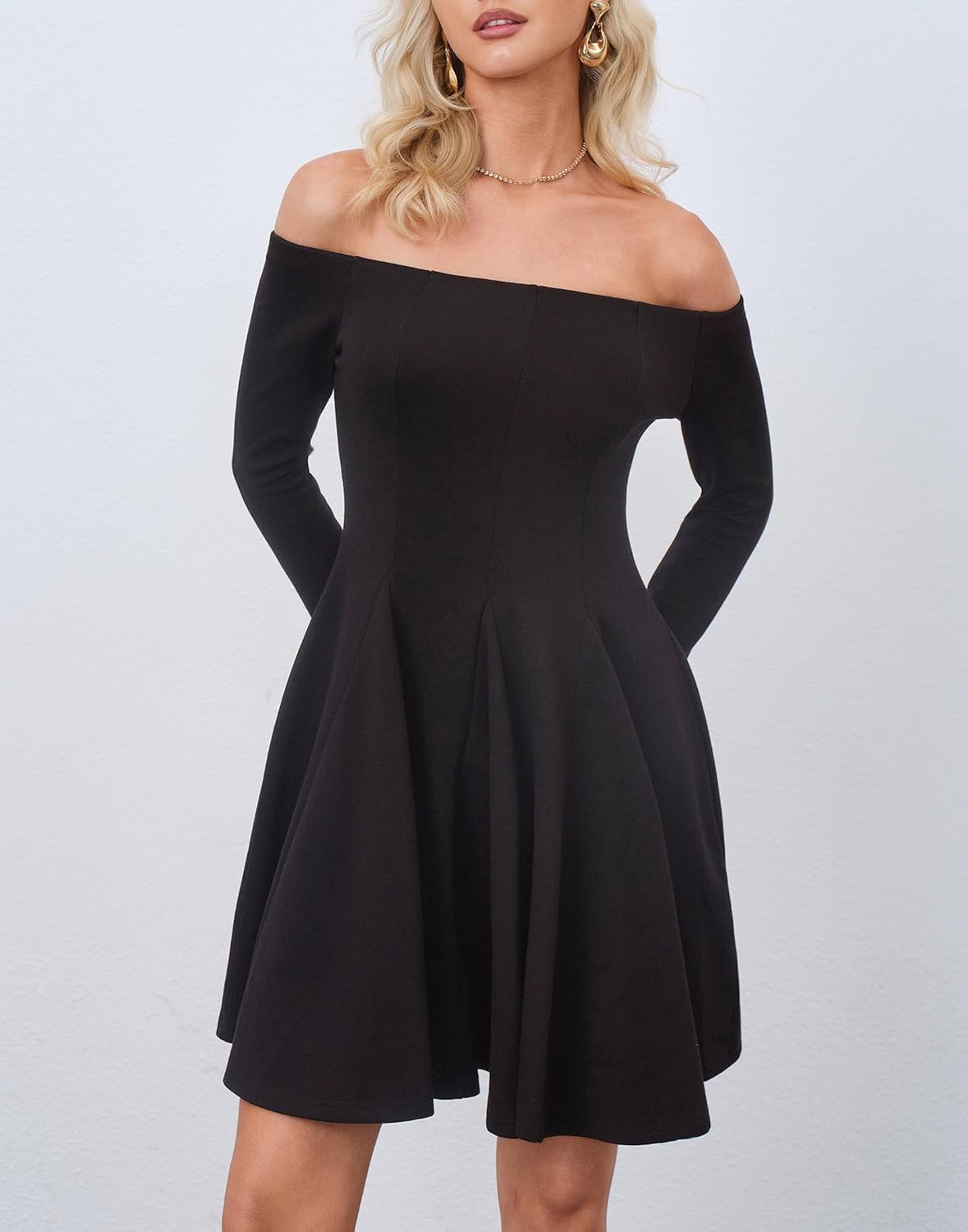 HYPERFIRE Women's Off The Shoulder Long Sleeve Short Dress A Line Pleated Mini Party Dresses - Image 3