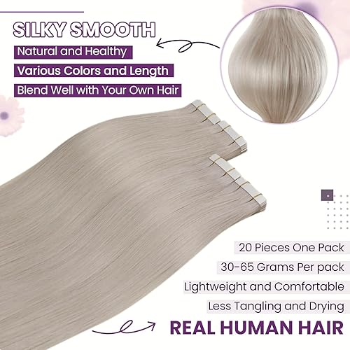 Miniatura 2 de LaaVoo - Extensiones de cabello humano adhesivas sin costuras, cabello Remy rubio platino, extensiones de cabello real rubio blanco, 20 uds, 1.76