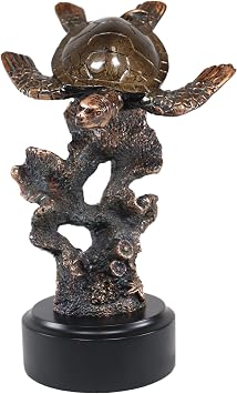 Ebros Nautical Marine Giant Sea Turtle Exploring Underwater Coral Reef Statue in Bronze Electroplated Resin Finish with Gallery Display Base Turtles Tortoises Reptile Figurine