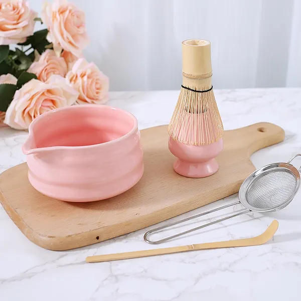 Matcha Whisk Set, 5 Pcs Matcha Kit - Matcha Bowl with Spout, Whisk and Holder, Bamboo Scoop and Stainless Sifter for Matcha Lover, Pink