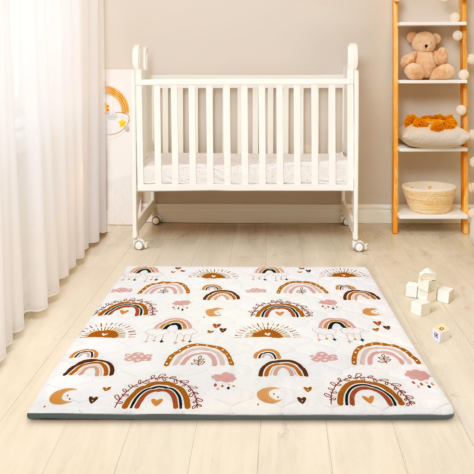 Tapis de Jeux Bebe Amovible Pliable, Épaissi 2cm Tapis d'eveil Bebe 127×127cm, Lavable en Machine, Antidérapant Tapis sol Bebe Tapis Chambre Enfant Adapté à Intérieur/Extérieur/Clôture (Arc-en-ciel)