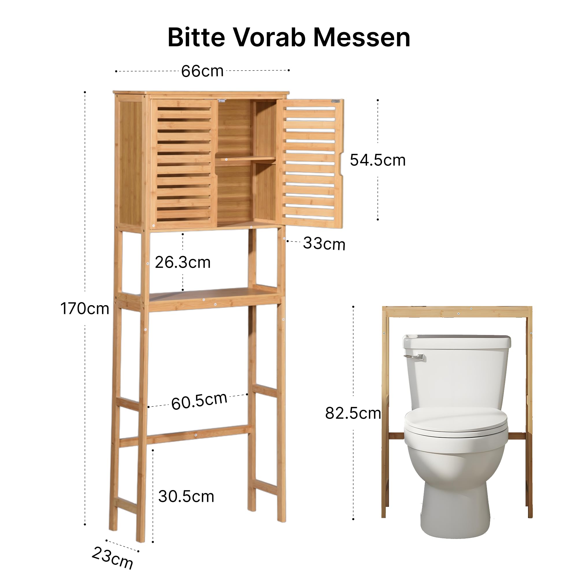 Toilettenregal Bambus 170x66x23 cm - Waschmaschinenregal | Badregal bambus, wc regal, platzsparend, ueberbauschrank, waschmaschinenschrank, kippschutz, lamellentueren, stabil