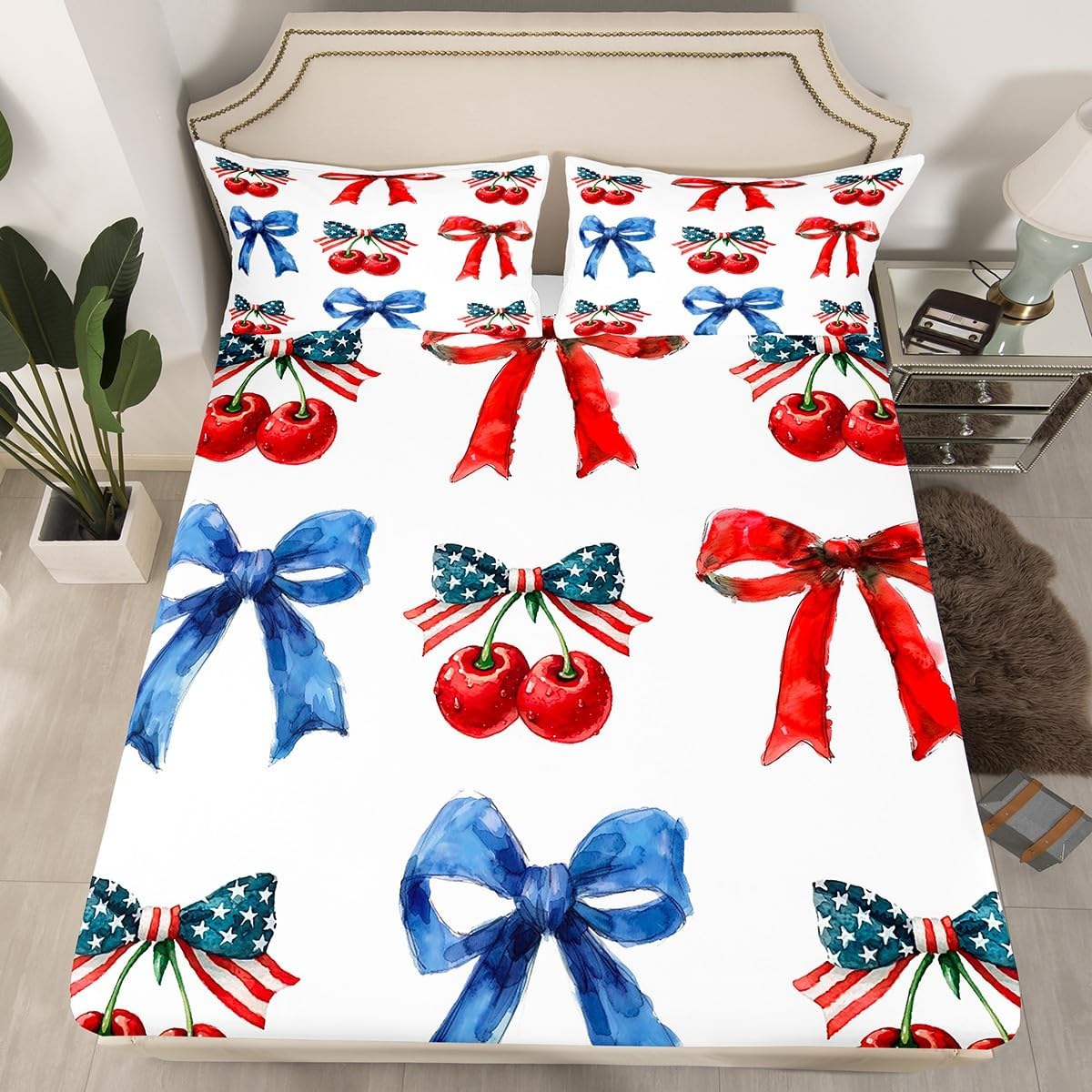 Coquette Cherry Bed Sheets for 4Th of July American Fitted Sheet Full,Cute Aesthetic Bow Sheets Red Cherries Decor Bed Set for Independence Day Home Decor