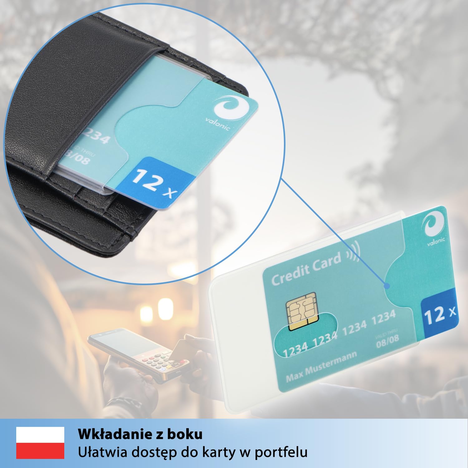 valonic osłona karty - 12 sztuk, wytrzymały plastik, wycięcie na otwór - matowa, przezroczysta - osłona do kart kredytowych i kart EC
