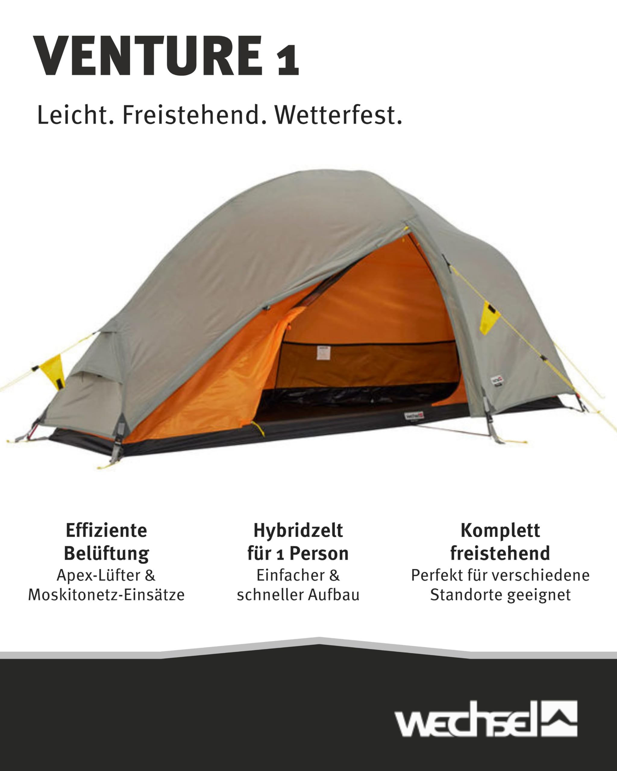 Wechsel Trekkingzelt Venture 1 I Kuppelzelt für 1 Person I schnell aufbaubares Hybridzelt I kompakt & transportabel I ideales Outdoor-Zelt für Camping, Wandern & Bike Packing