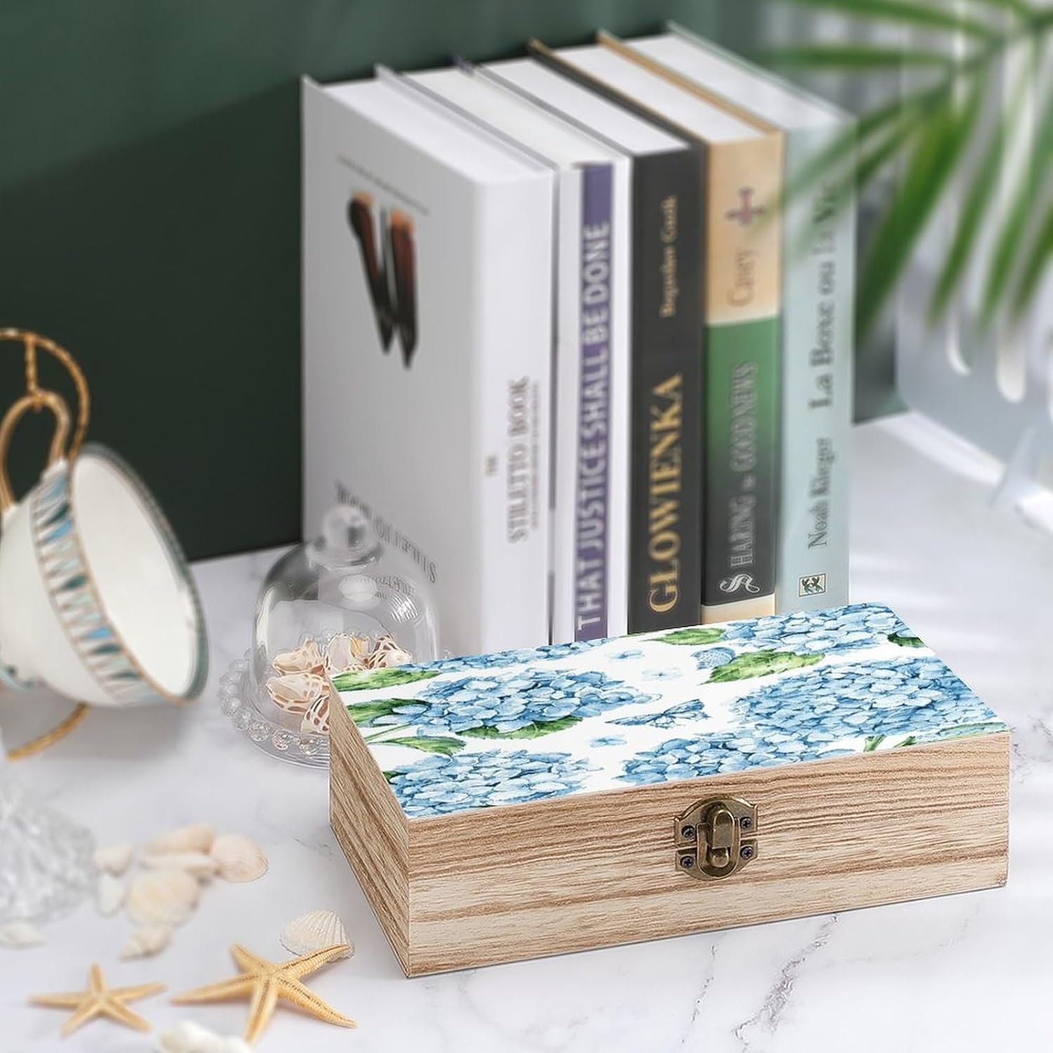 Blue Floral Hydrangea Vintage Wooden Storage Box with Hinged Lid Natural Wood Keepsake Box for Jewelry, Crafts & Gifts Rustic Memory Box Organizer for Home Decor, Rings, Trinkets image 4